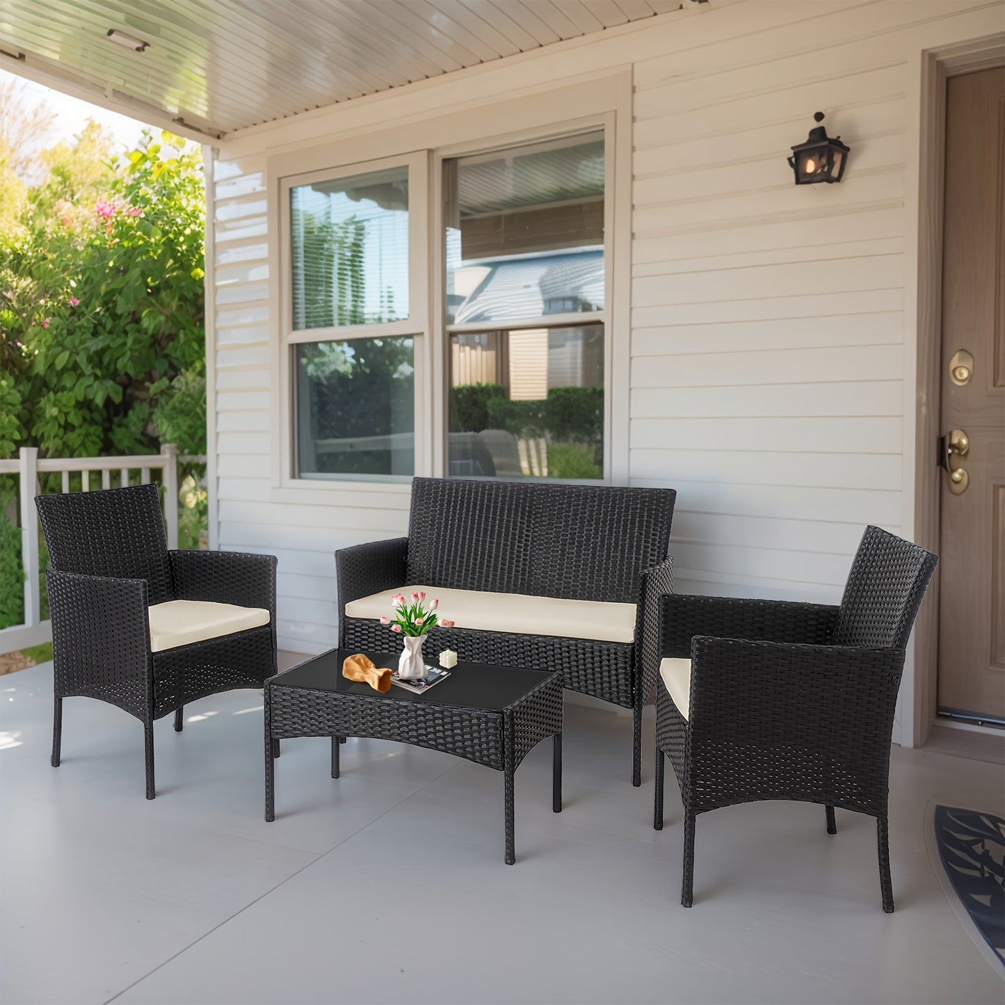 4pcs Outdoor Patio Furniture Sets, w/ Glass Coffee Table,
