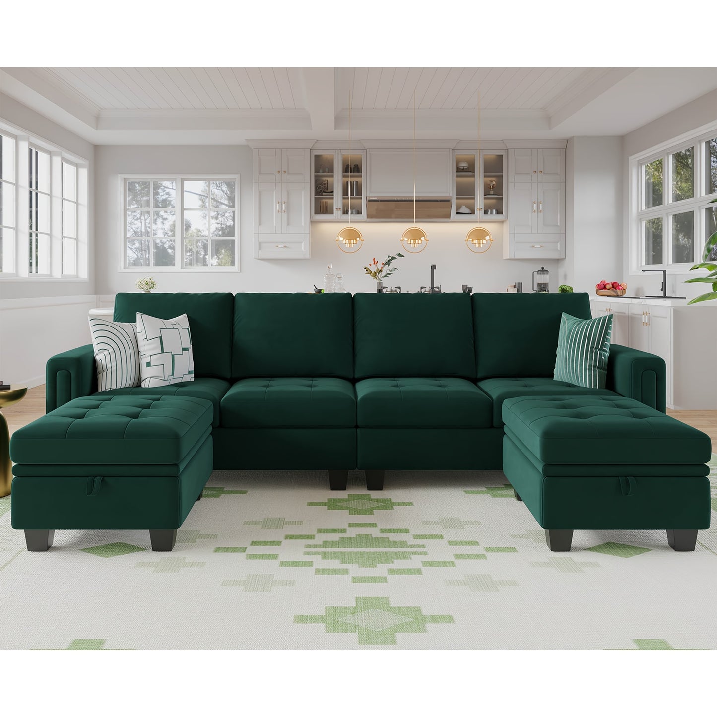 Velvet U-Shaped Convertible Sectional Sofa w/ Storage Ottomans