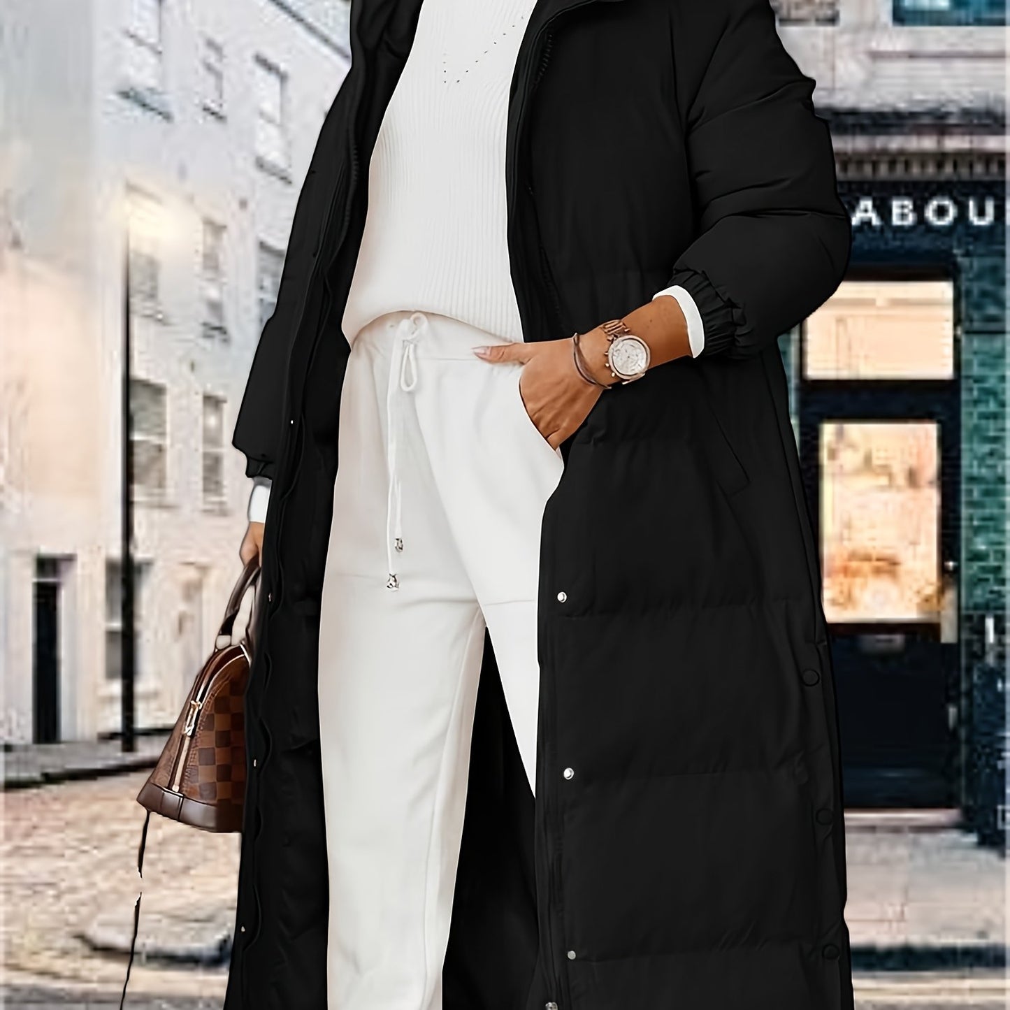 Women's Winter Long Coat Hooded. Long Sleeve Button Jacket.