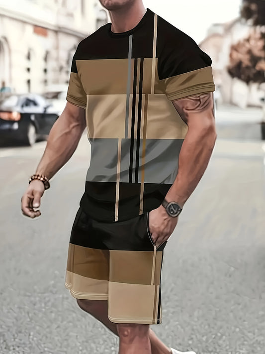 Plus size 2-piece men's short sleeved round neck T-shirt and drawstring shorts