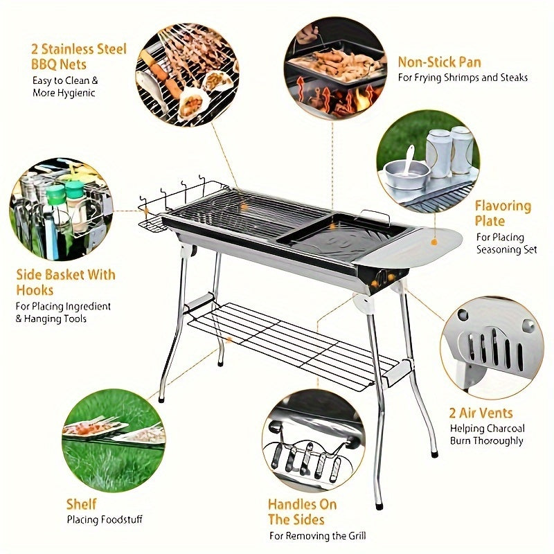 Portable Stainless Steel Charcoal Grill Set with Spice Tray & Storage