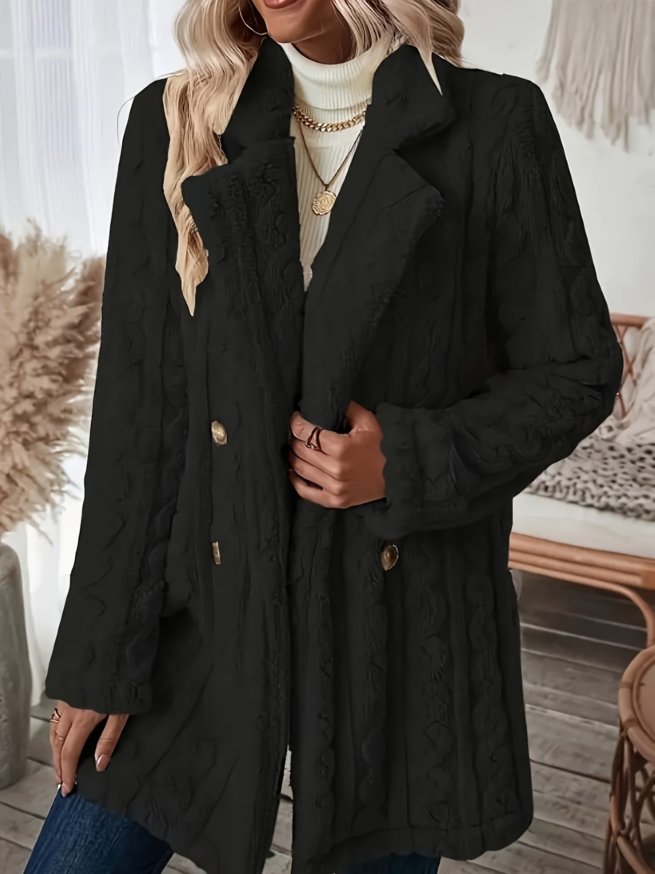 Elegant Women's Black Double-Breasted Coat with Faux Fur Collar.