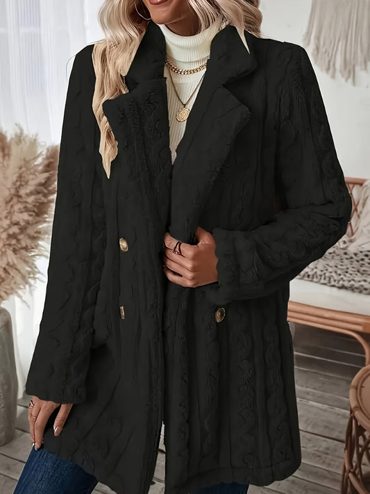 Elegant Women's Black Double-Breasted Coat with Faux Fur Collar.