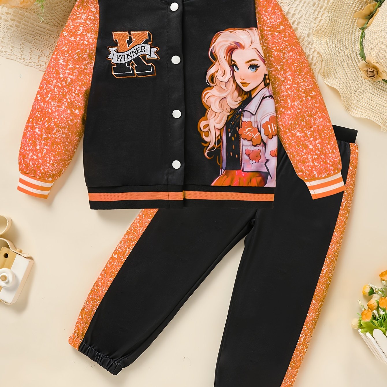 2-Piece Girl's Long Sleeve Baseball Jacket Pants Set.