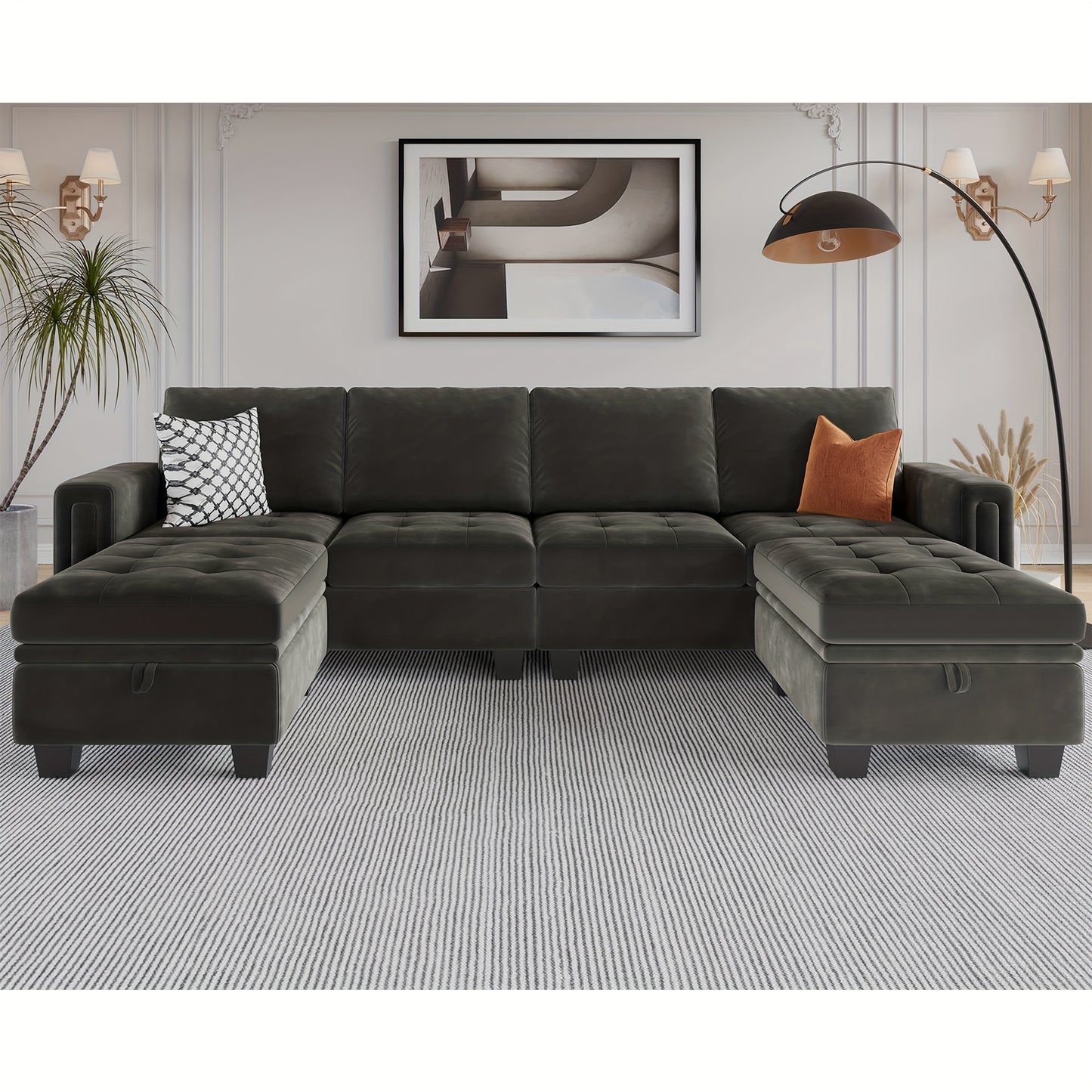 Velvet U-Shaped Convertible Sectional Sofa w/ Storage Ottomans