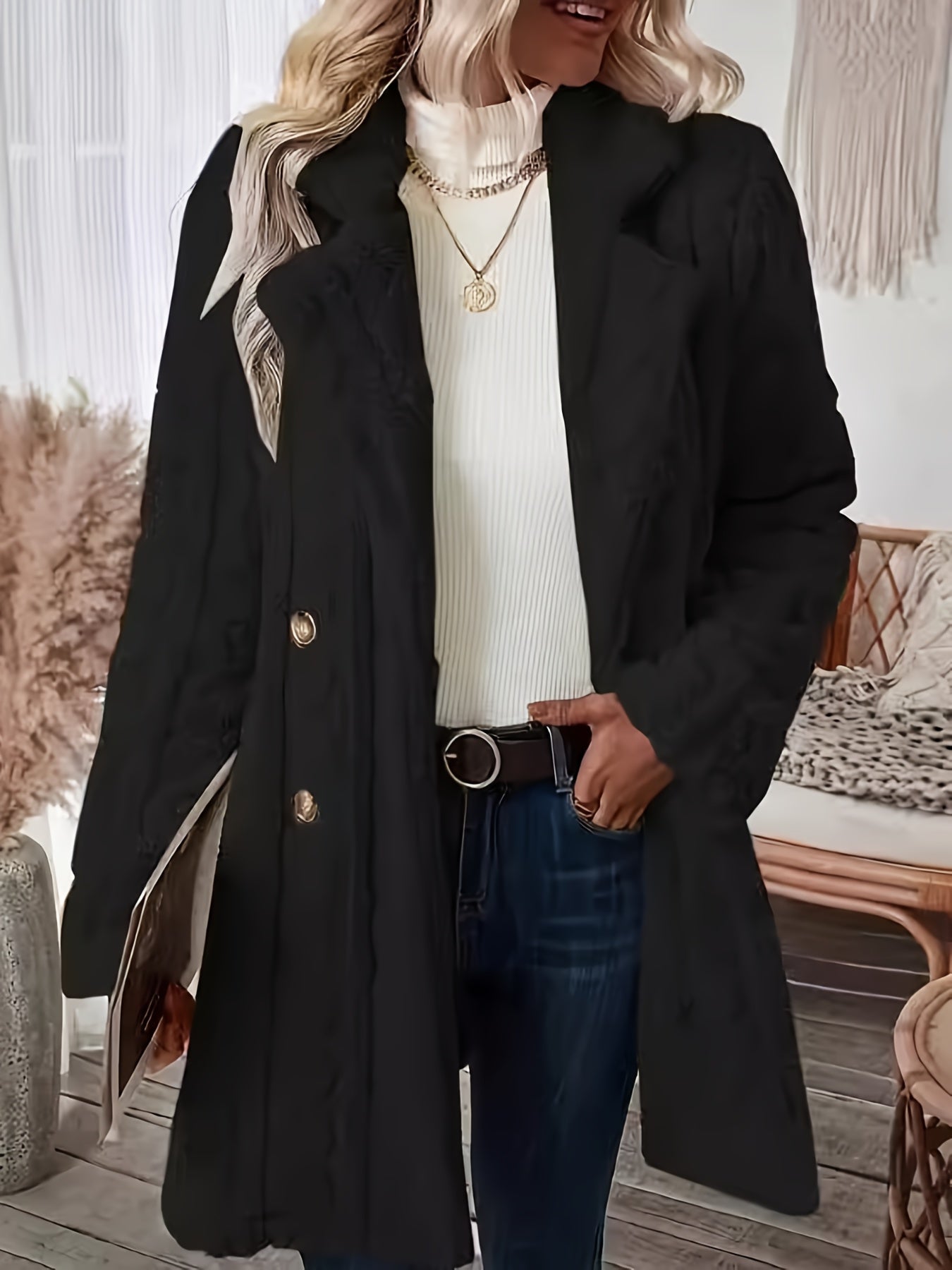 Elegant Women's Black Double-Breasted Coat with Faux Fur Collar.