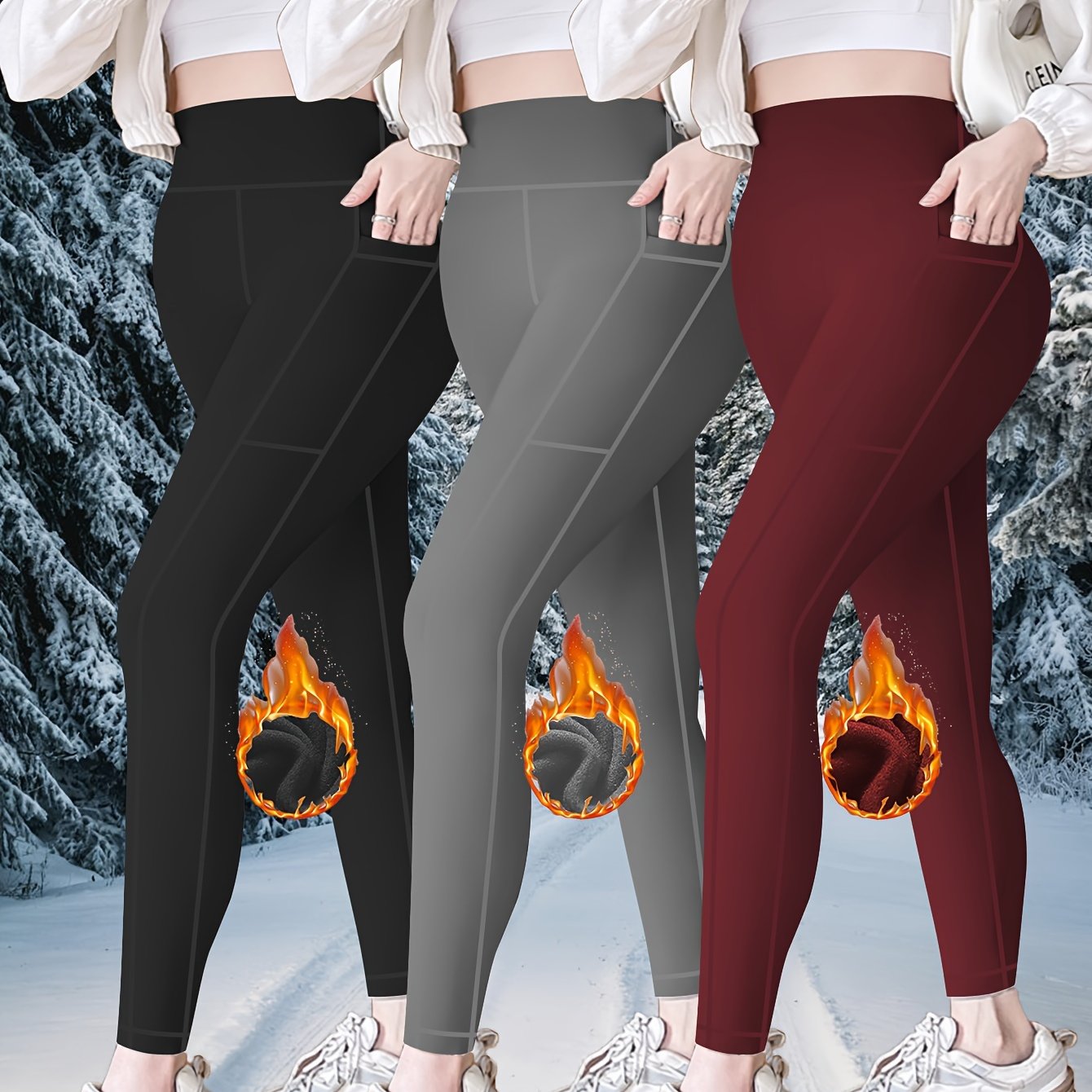 Ladies High Waist Plus Fleece Casual Leggings, 3-piece Set Leggings.
