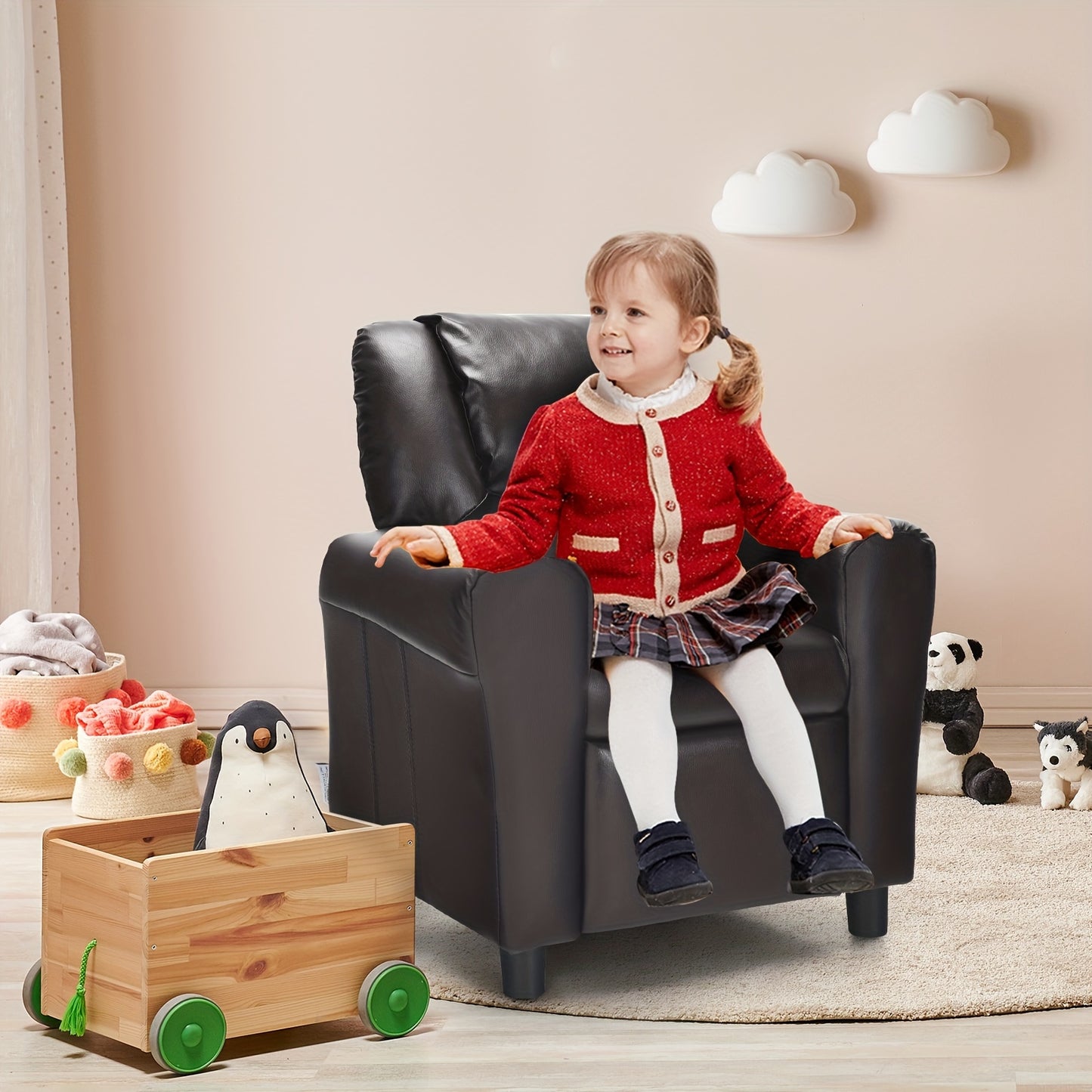Kids Recliner Chair PU Leather Armrest Sofa w/Footrest Cup Holder Brown