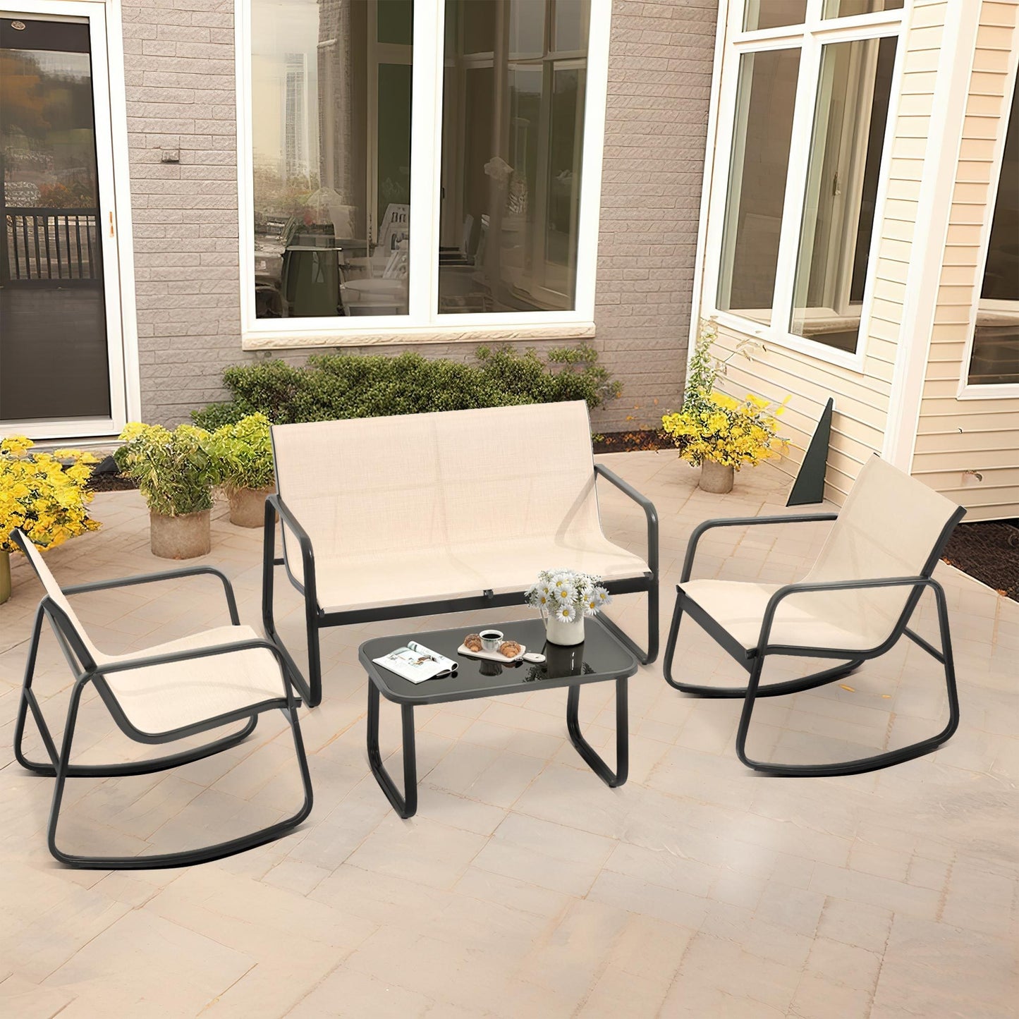 Patio Bistro Set: 4pcs Rocking Chairs, Glass Table.
