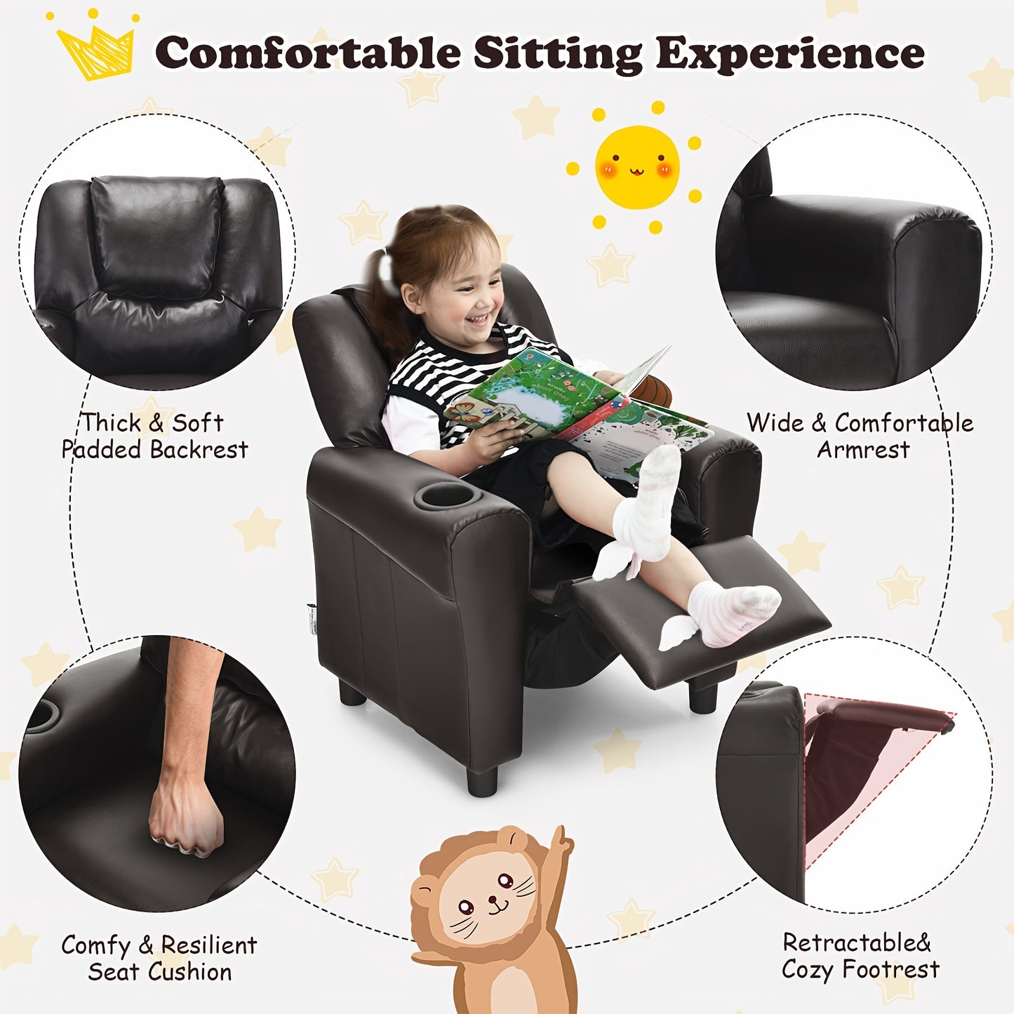 Kids Recliner Chair PU Leather Armrest Sofa w/Footrest Cup Holder Brown