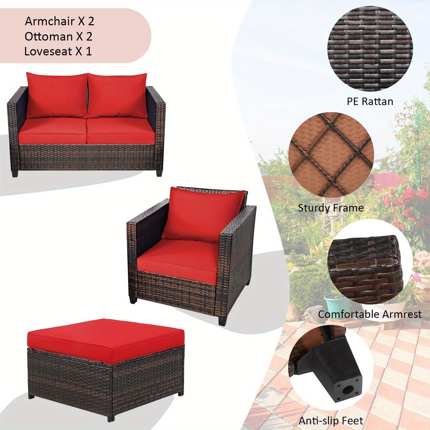 5PCS Patio Furniture Set W/ Loveseat Sofa Ottoman.