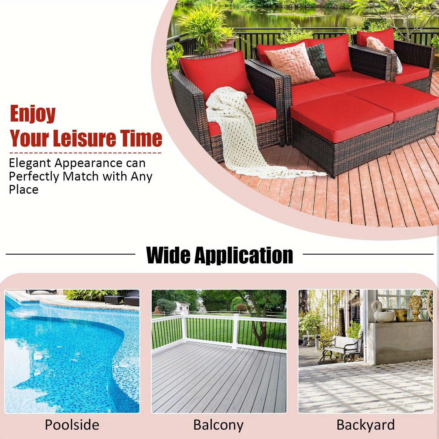 5PCS Patio Furniture Set W/ Loveseat Sofa Ottoman.