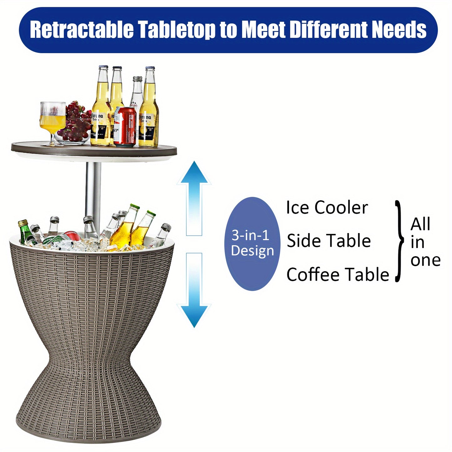 8 Gallon Rattan 3 in 1 Patio Cooler Bar Table.