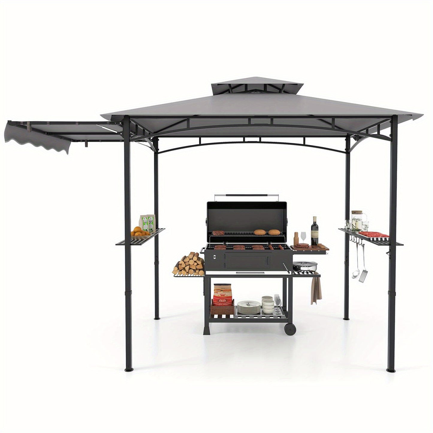 10.5 X 5 FT Double-Tiered Grill BBQ Gazebo w/ Side Awning and 2 Shelves