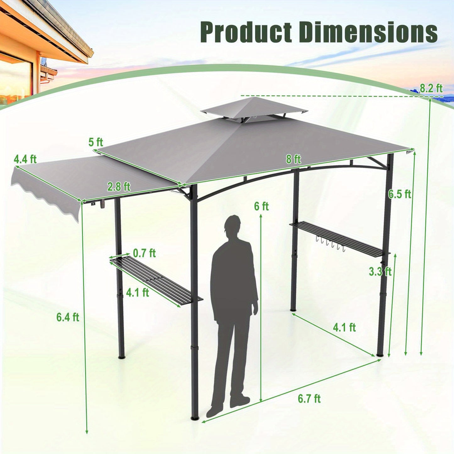 10.5 X 5 FT Double-Tiered Grill BBQ Gazebo w/ Side Awning and 2 Shelves