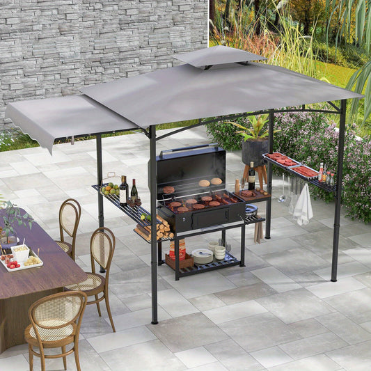 10.5 X 5 FT Double-Tiered Grill BBQ Gazebo w/ Side Awning and 2 Shelves
