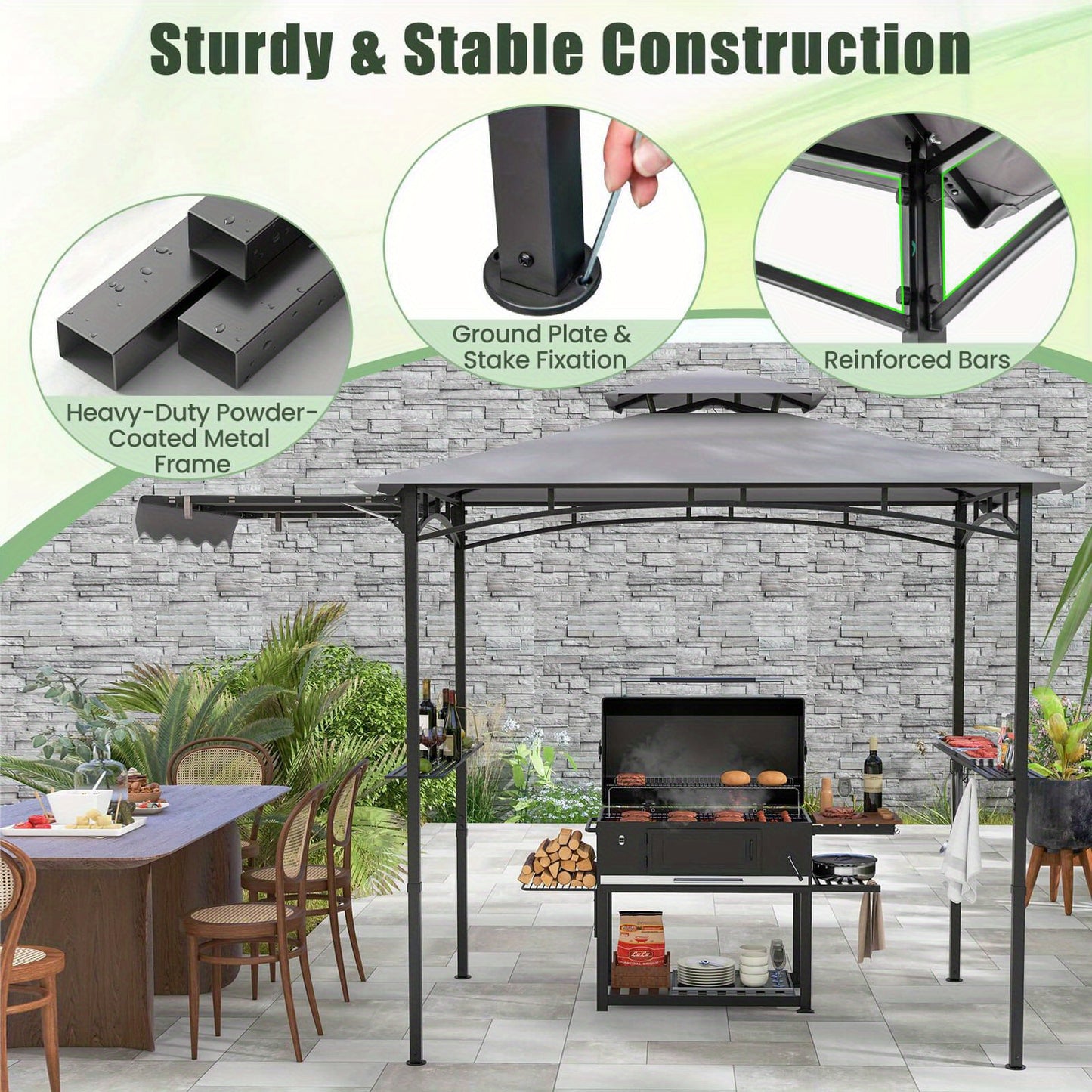 10.5 X 5 FT Double-Tiered Grill BBQ Gazebo w/ Side Awning and 2 Shelves