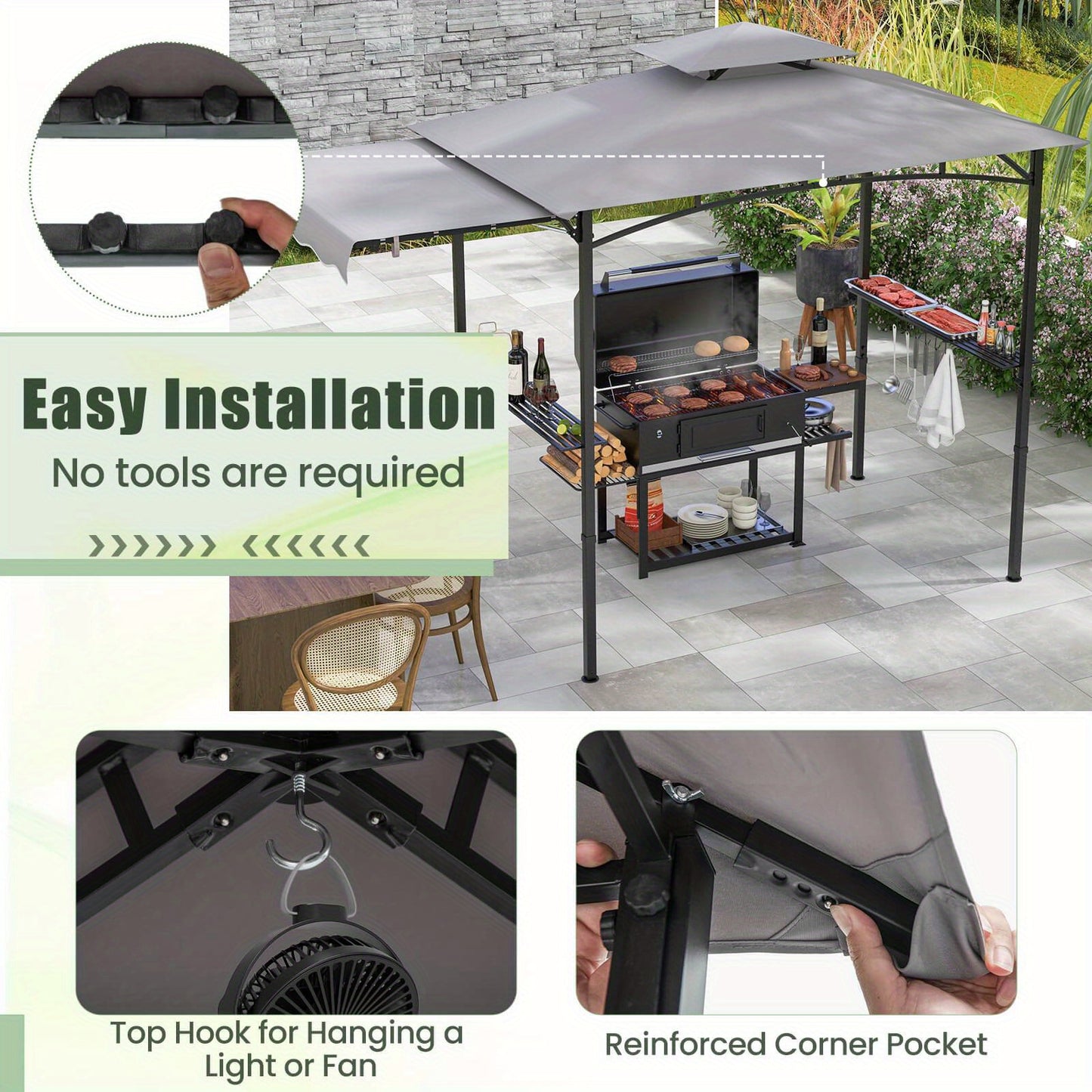 10.5 X 5 FT Double-Tiered Grill BBQ Gazebo w/ Side Awning and 2 Shelves
