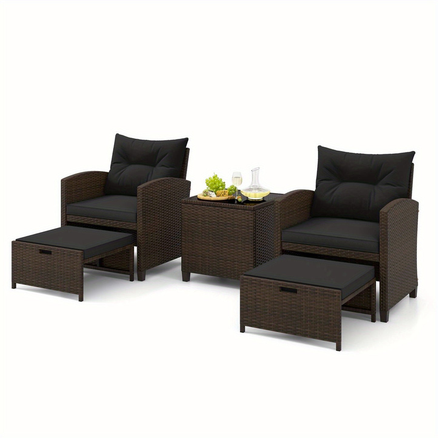 5 Piece Patio Furniture 2 Ottomans & Tempered Glass Table