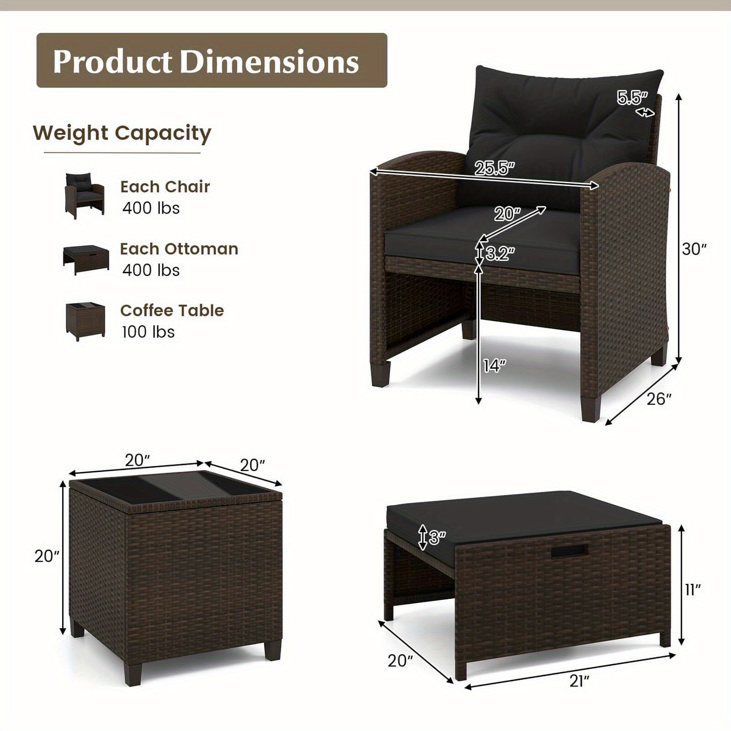 5 Piece Patio Furniture 2 Ottomans & Tempered Glass Table