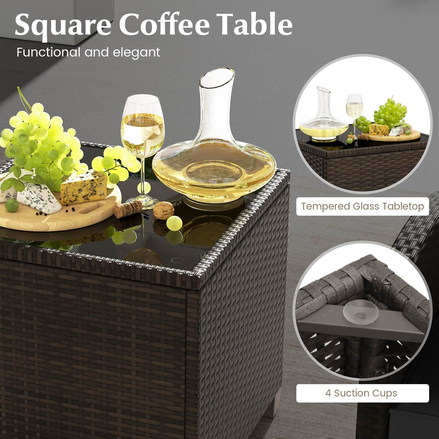 5 Piece Patio Furniture 2 Ottomans & Tempered Glass Table