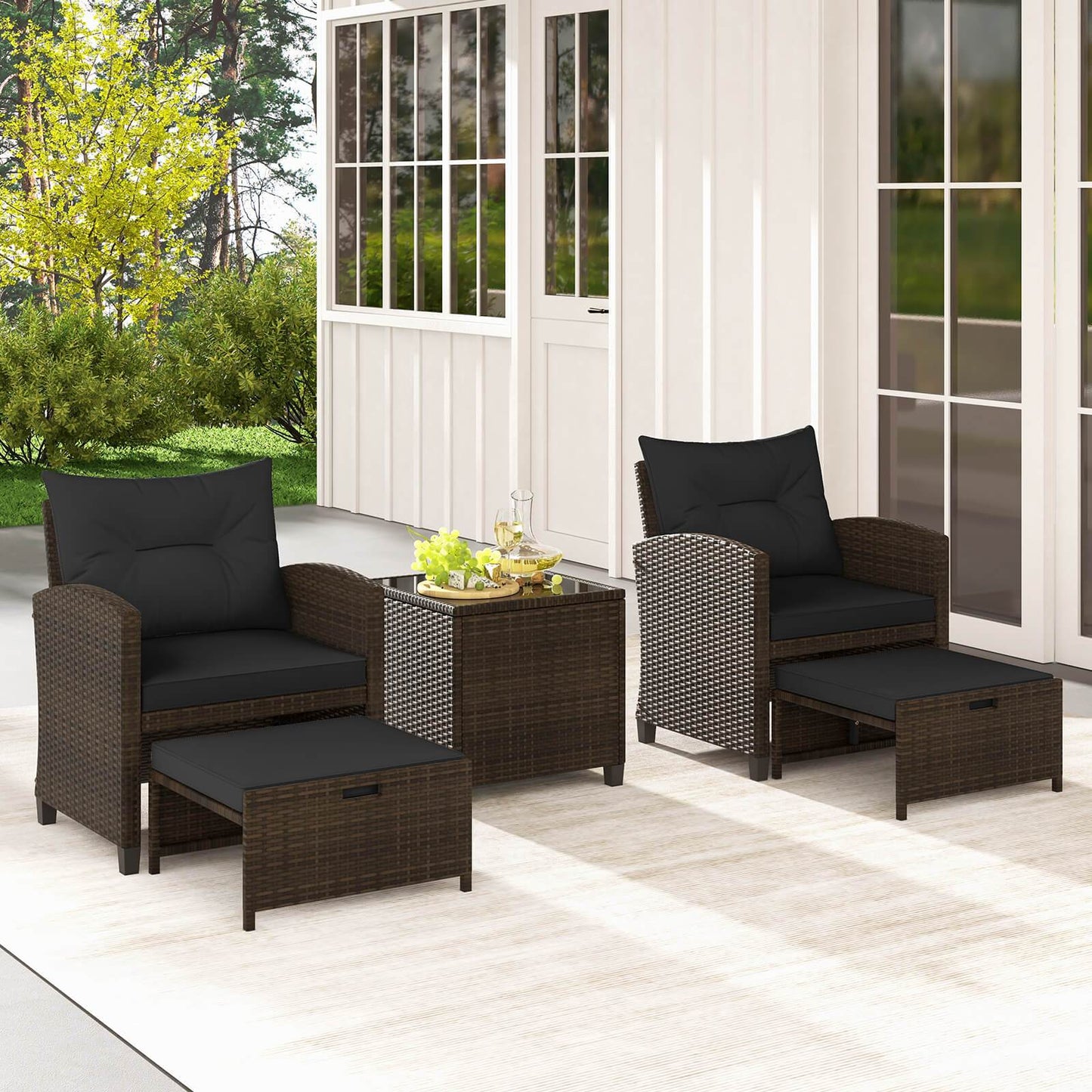5 Piece Patio Furniture 2 Ottomans & Tempered Glass Table
