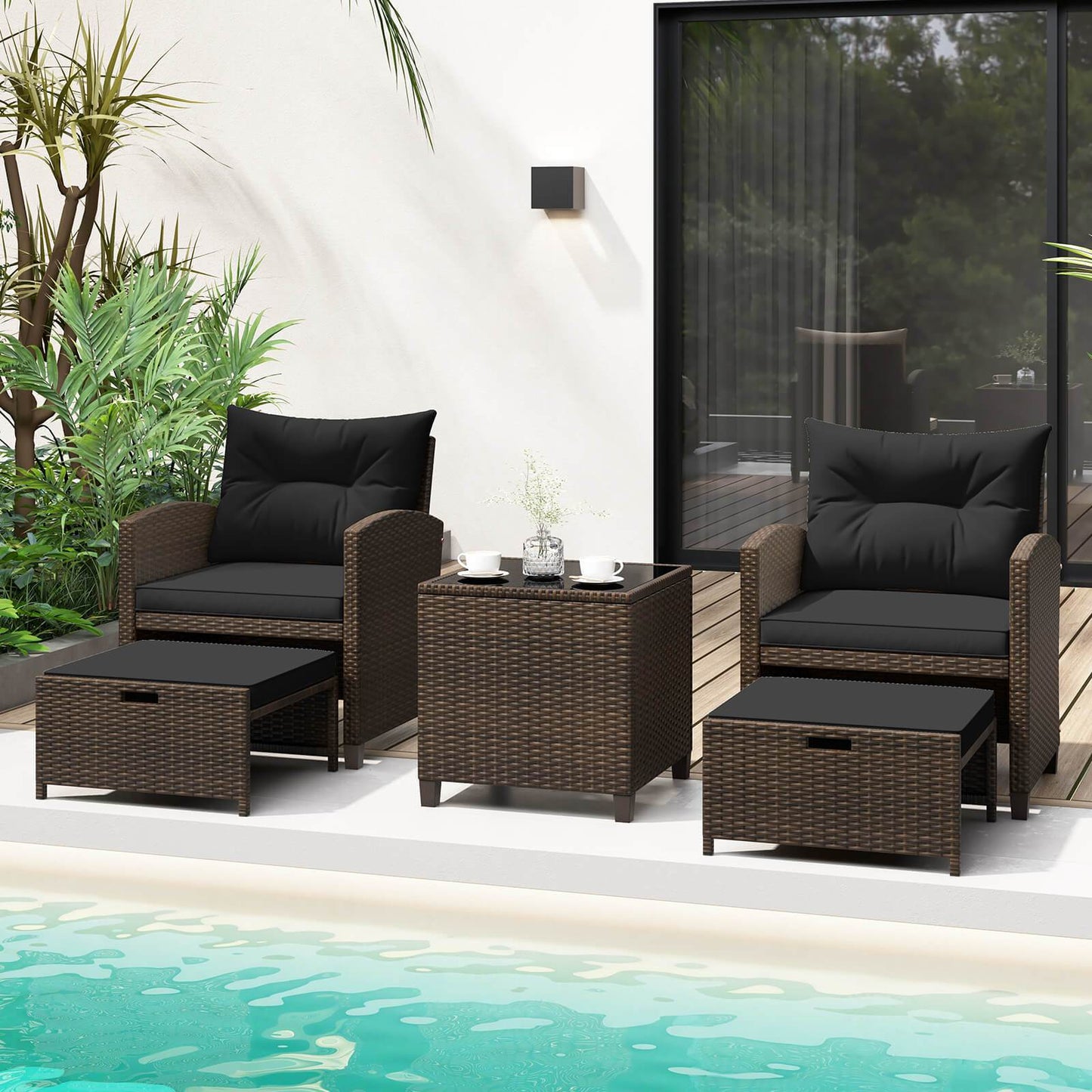 5 Piece Patio Furniture 2 Ottomans & Tempered Glass Table