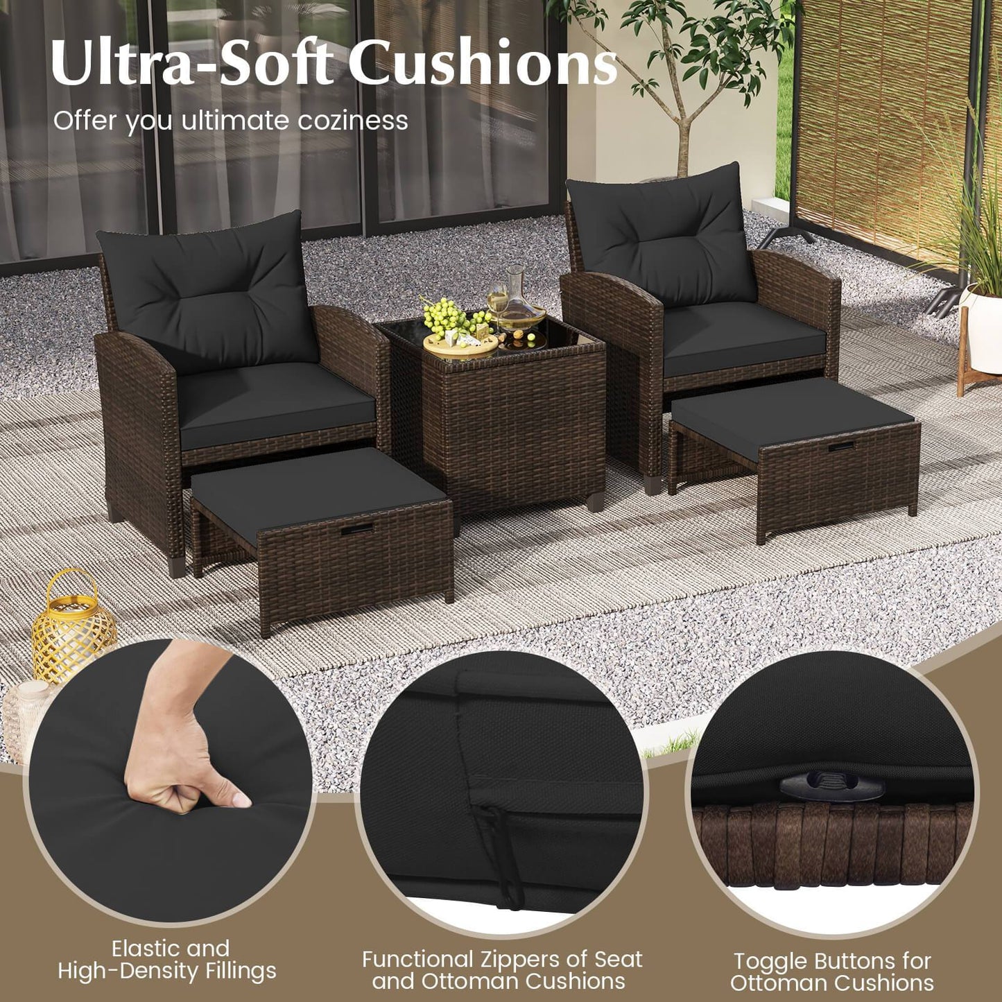 5 Piece Patio Furniture 2 Ottomans & Tempered Glass Table