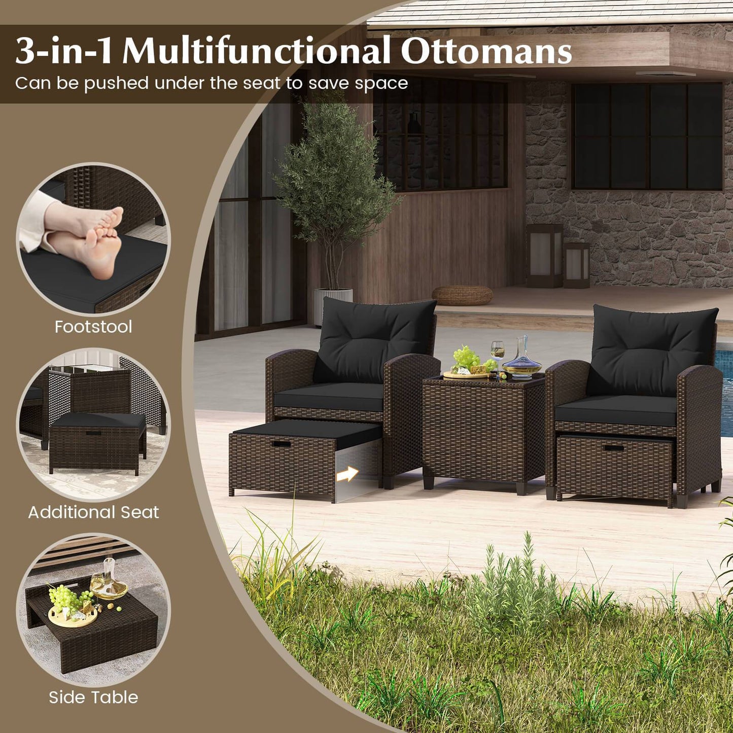 5 Piece Patio Furniture 2 Ottomans & Tempered Glass Table