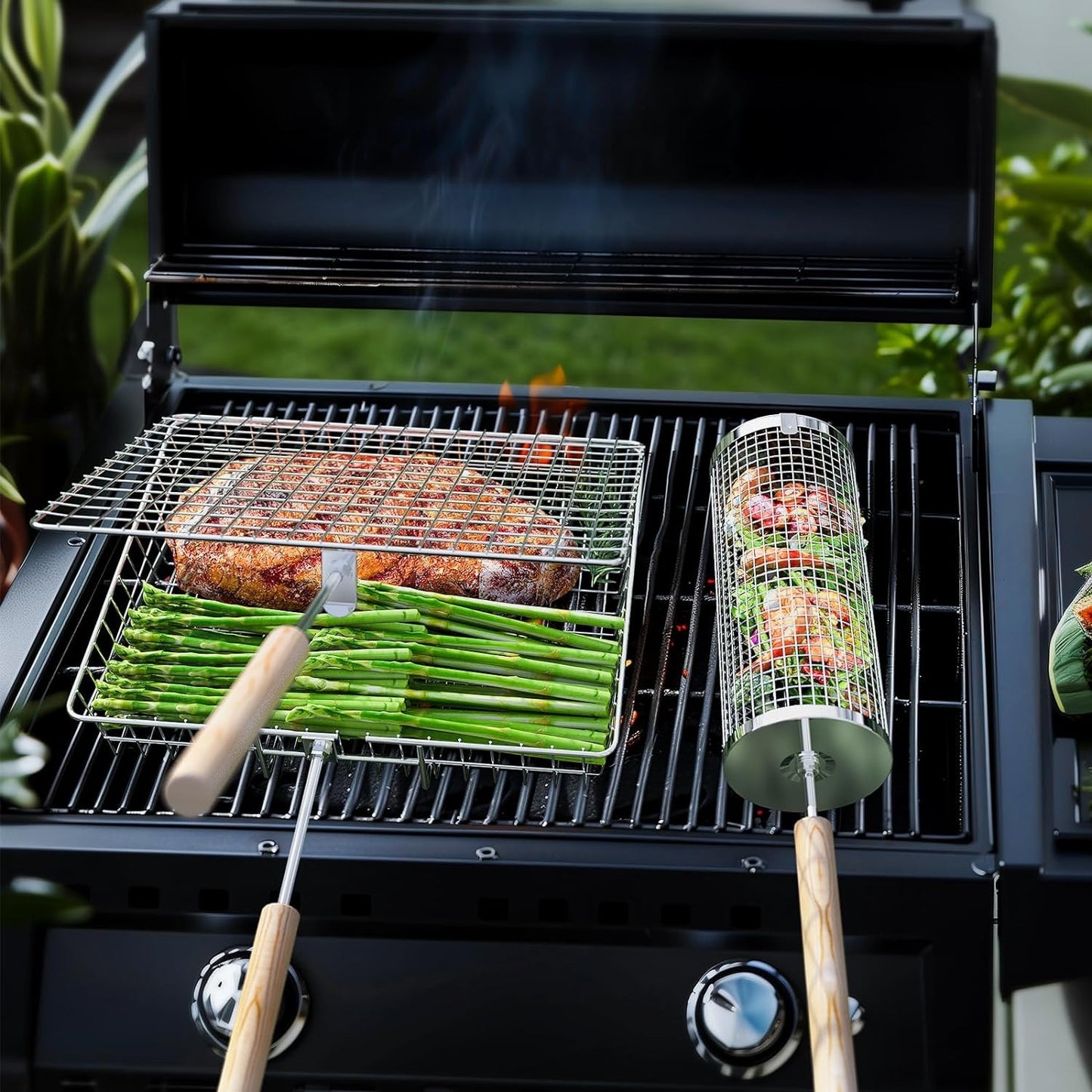 Large Folding Grill Basket - Durable Stainless Steel Construction.