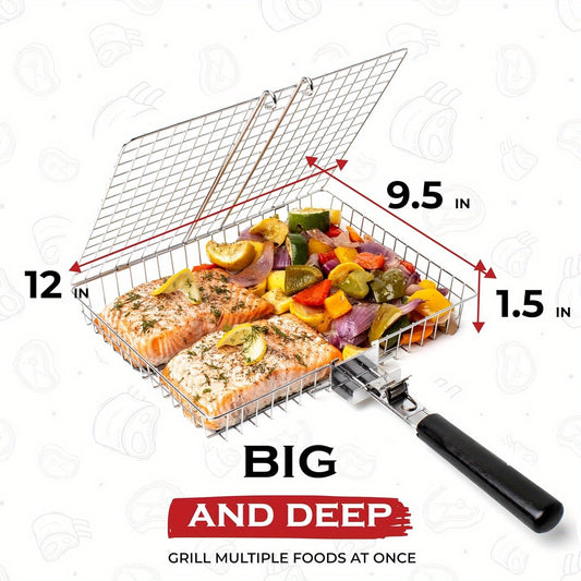 Large Folding Grill Basket - Durable Stainless Steel Construction.