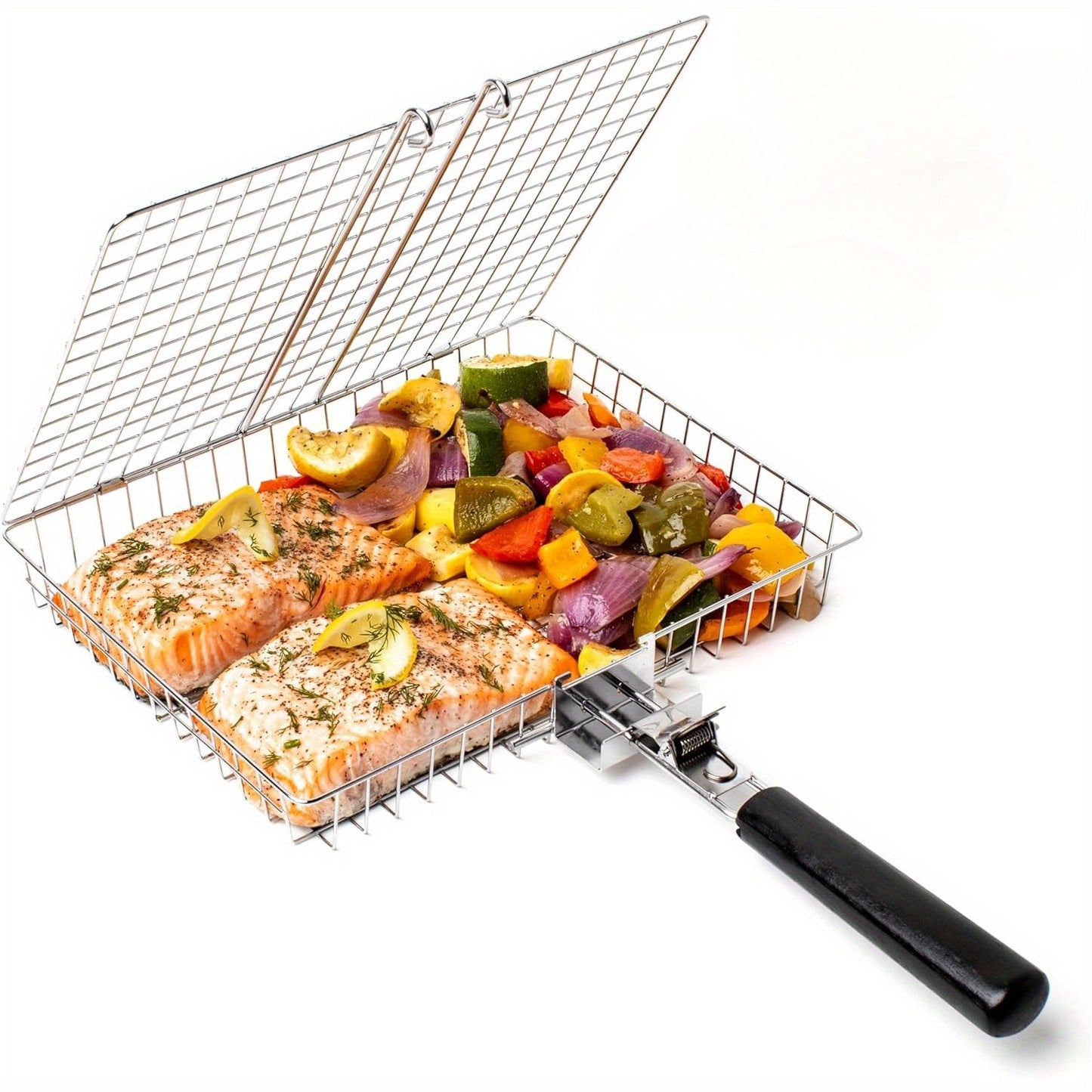 Large Folding Grill Basket - Durable Stainless Steel Construction.