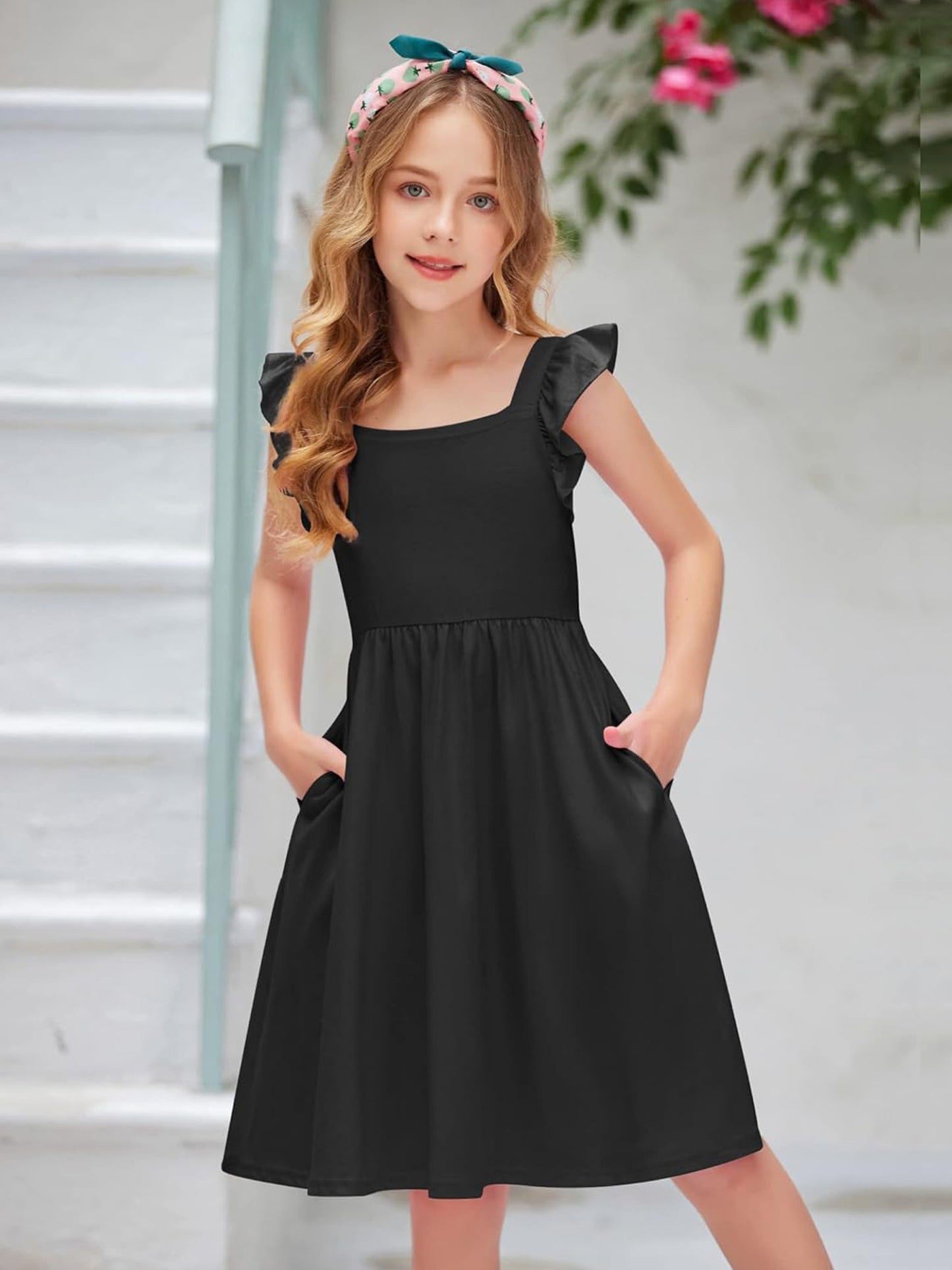 Girls Summer Midi Dress with Ruffle Sleeves and Pockets
