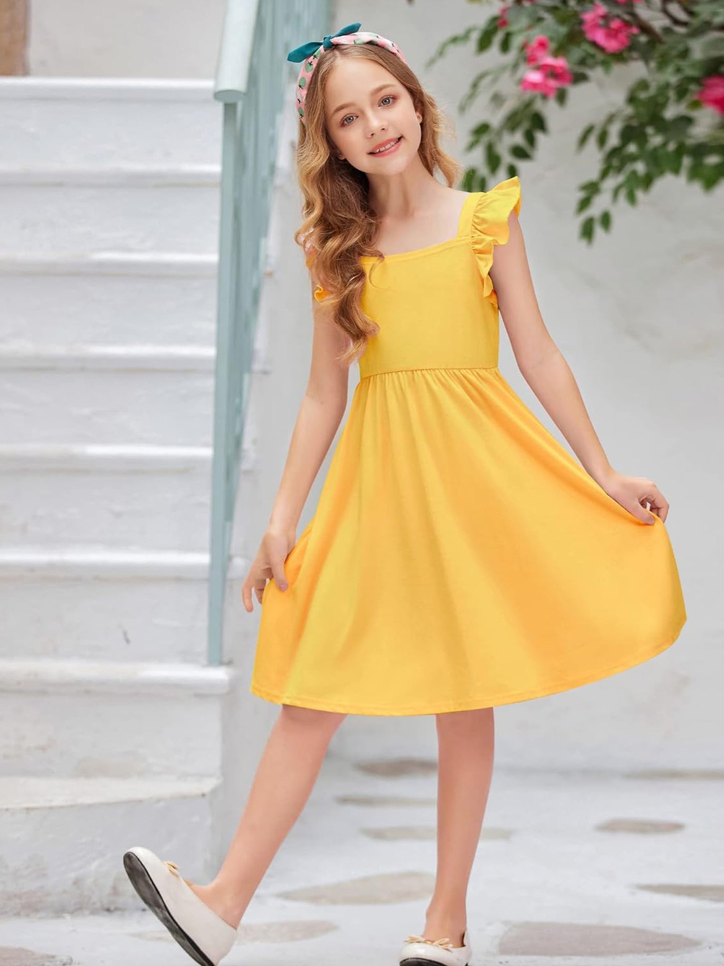 Girls Summer Midi Dress with Ruffle Sleeves and Pockets
