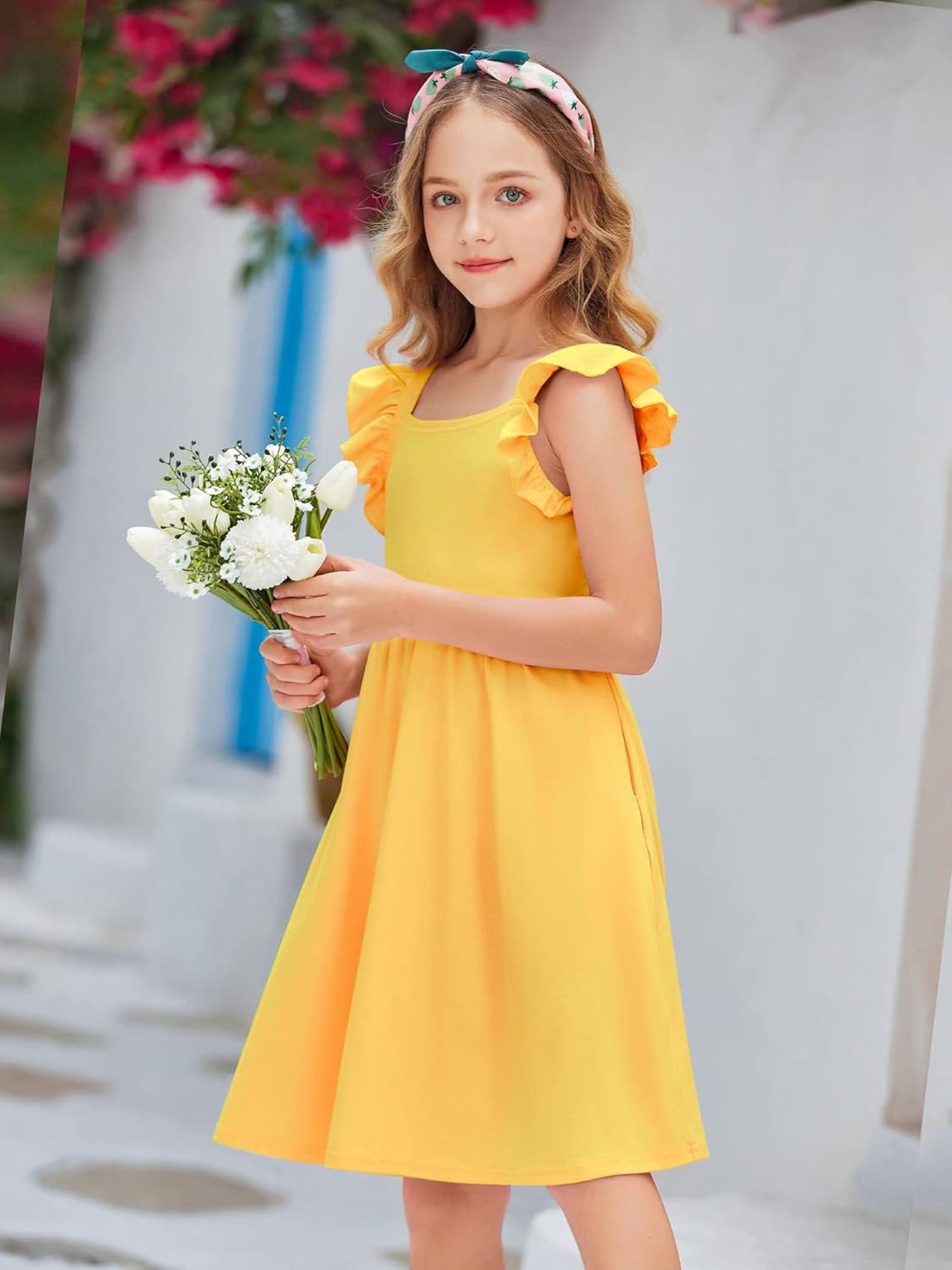 Girls Summer Midi Dress with Ruffle Sleeves and Pockets