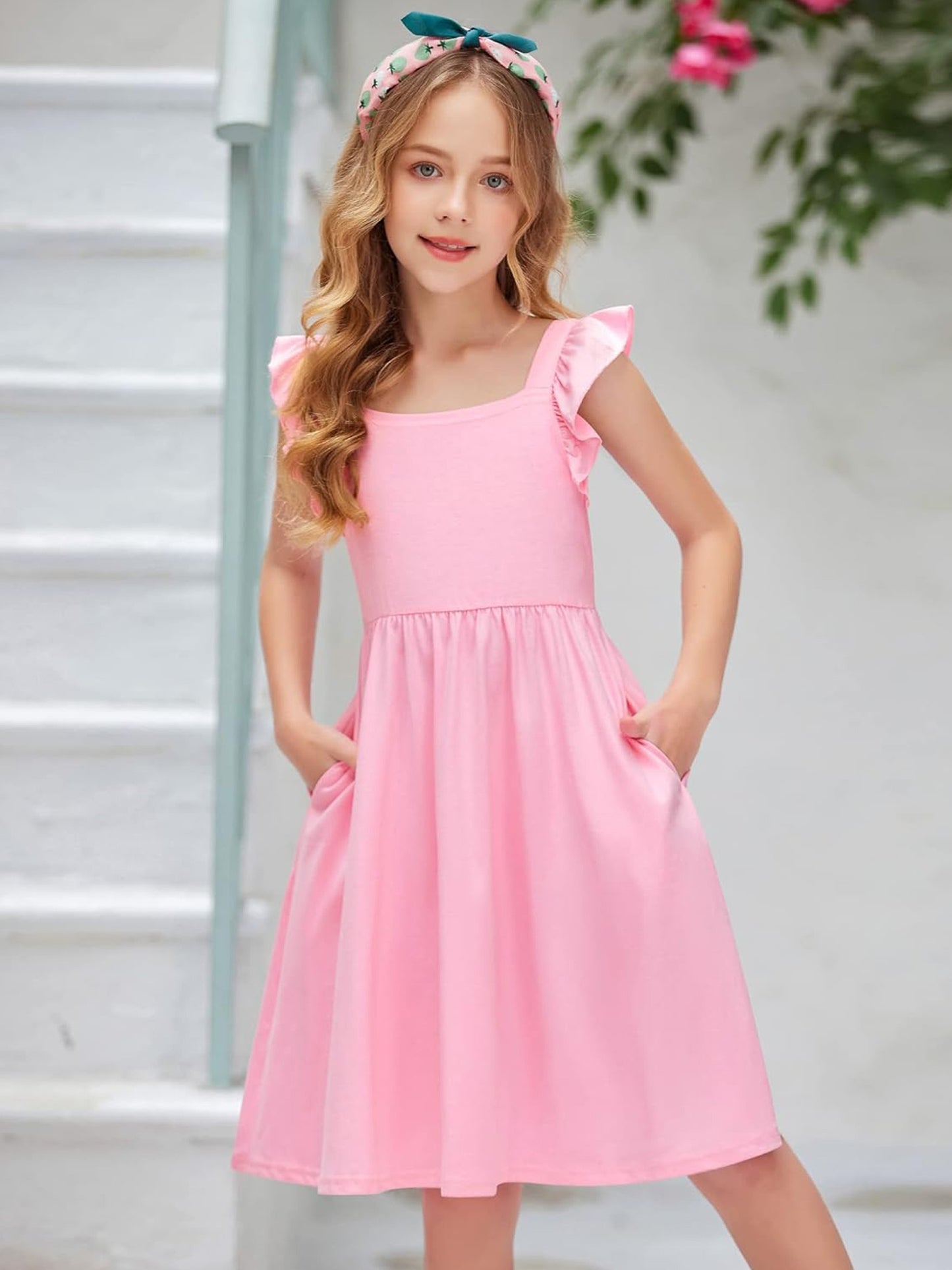 Girls Summer Midi Dress with Ruffle Sleeves and Pockets
