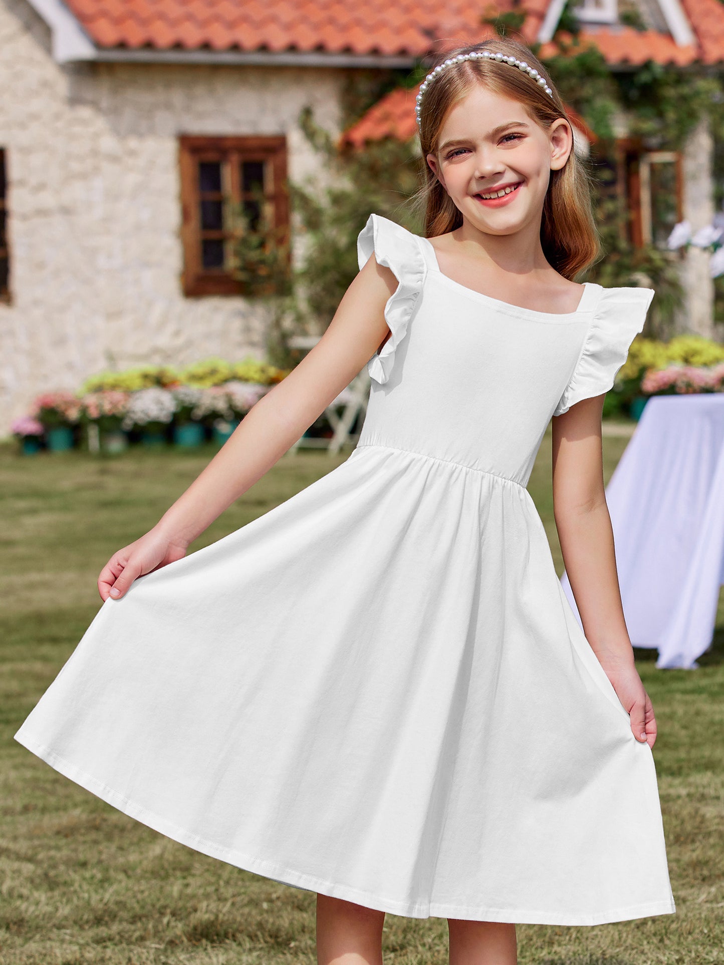 Girls Summer Midi Dress with Ruffle Sleeves and Pockets