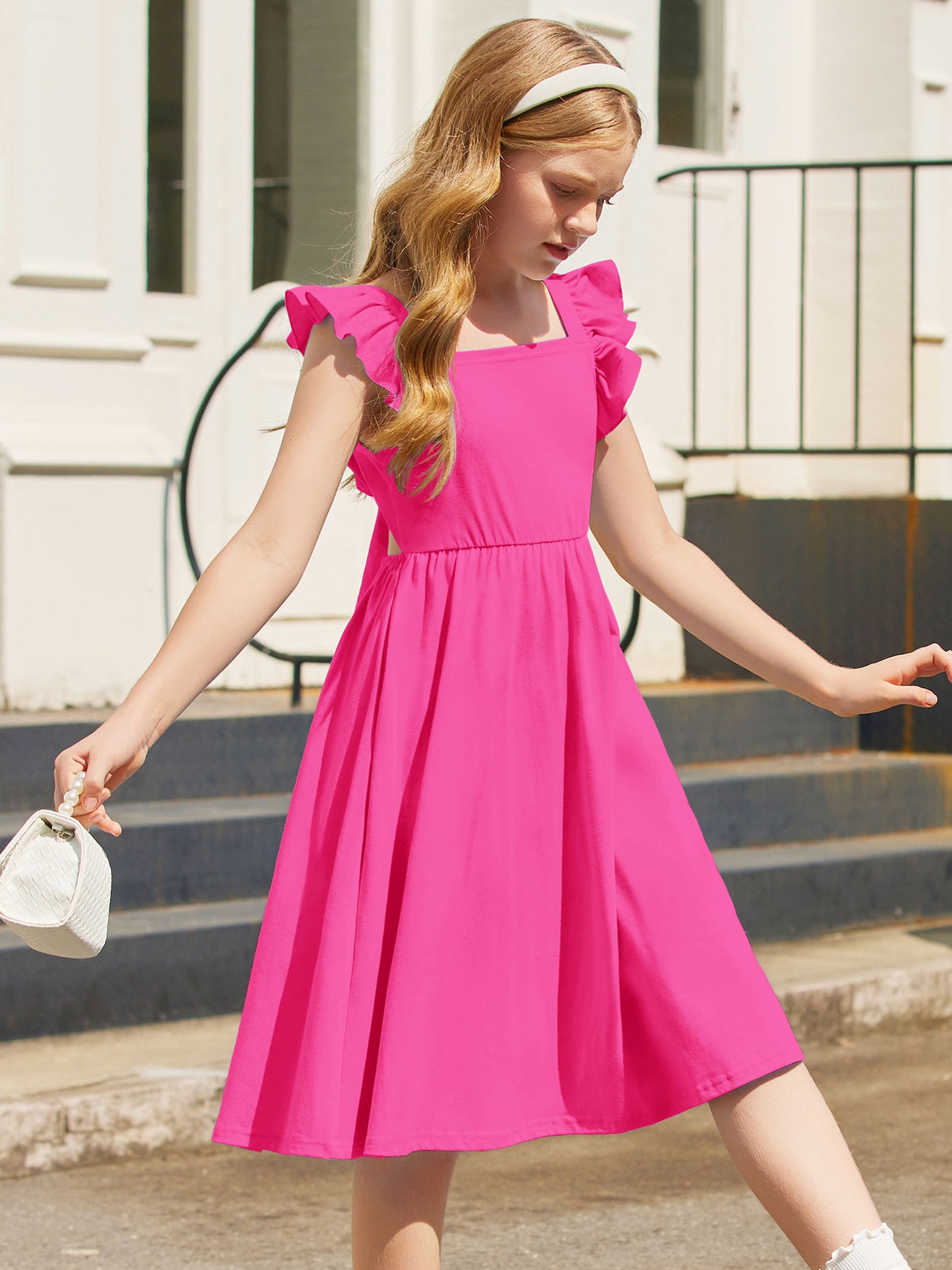 Girls Summer Midi Dress with Ruffle Sleeves and Pockets