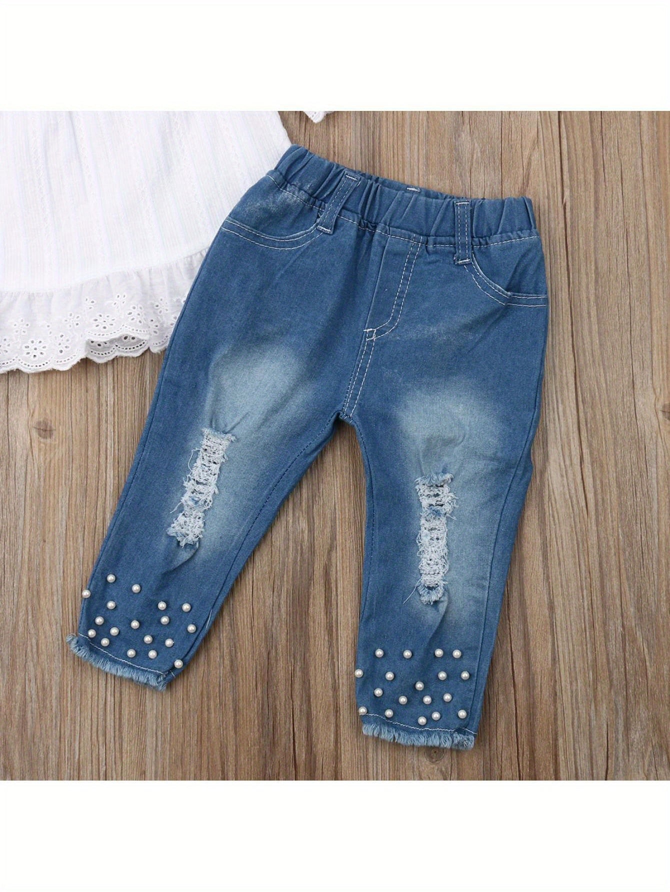 Girls Denim Outfits Off Shoulder Shirt + Pants Jeans