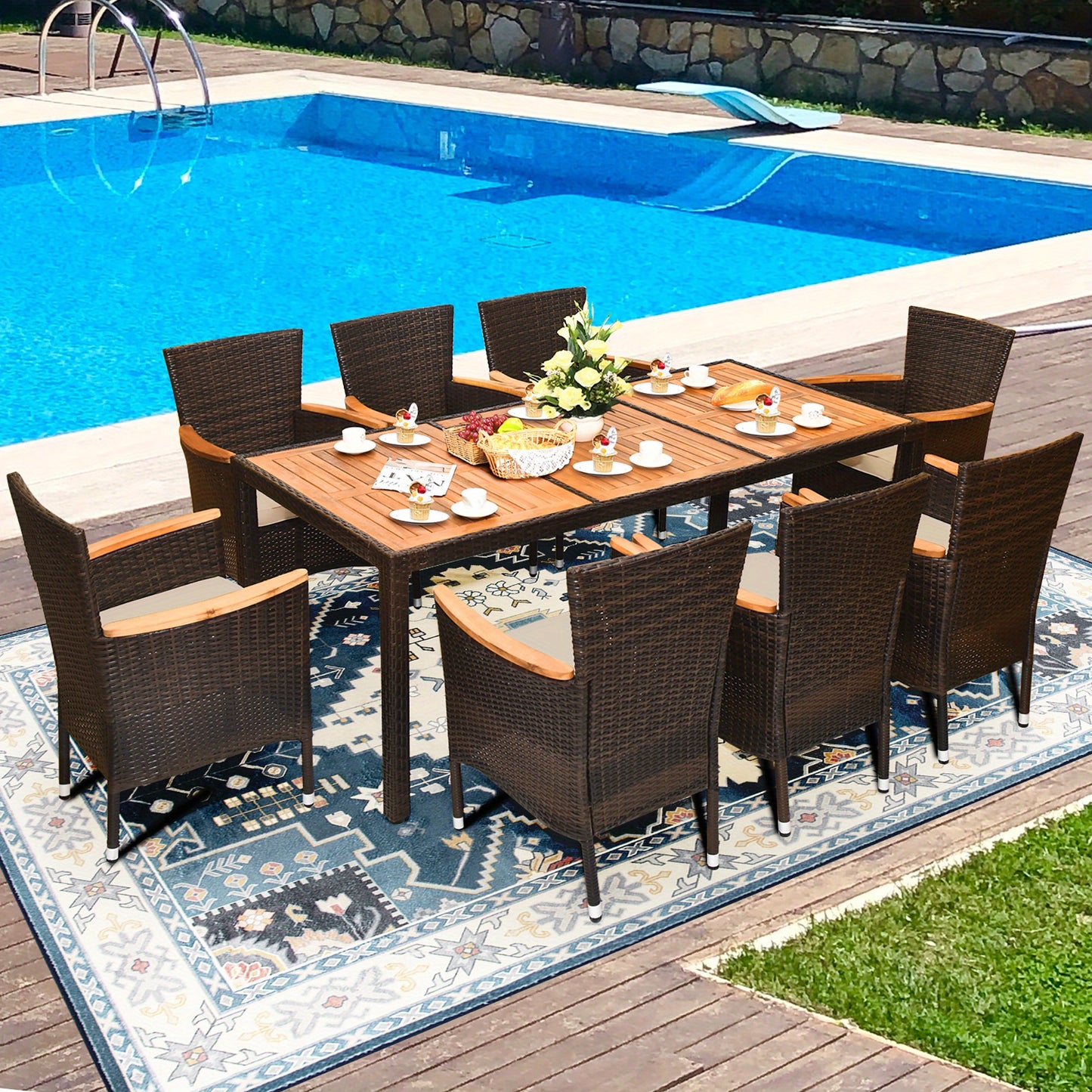 9PCS Patio Dining Set w/ 8 Stackable Chairs Wooden Tabletop