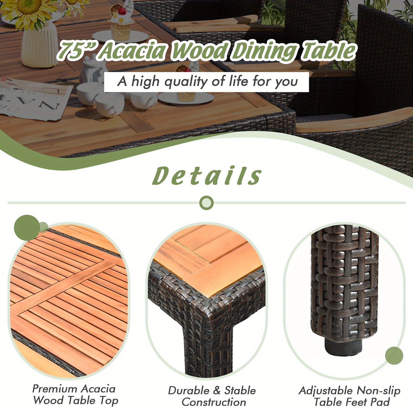 9PCS Patio Dining Set w/ 8 Stackable Chairs Wooden Tabletop