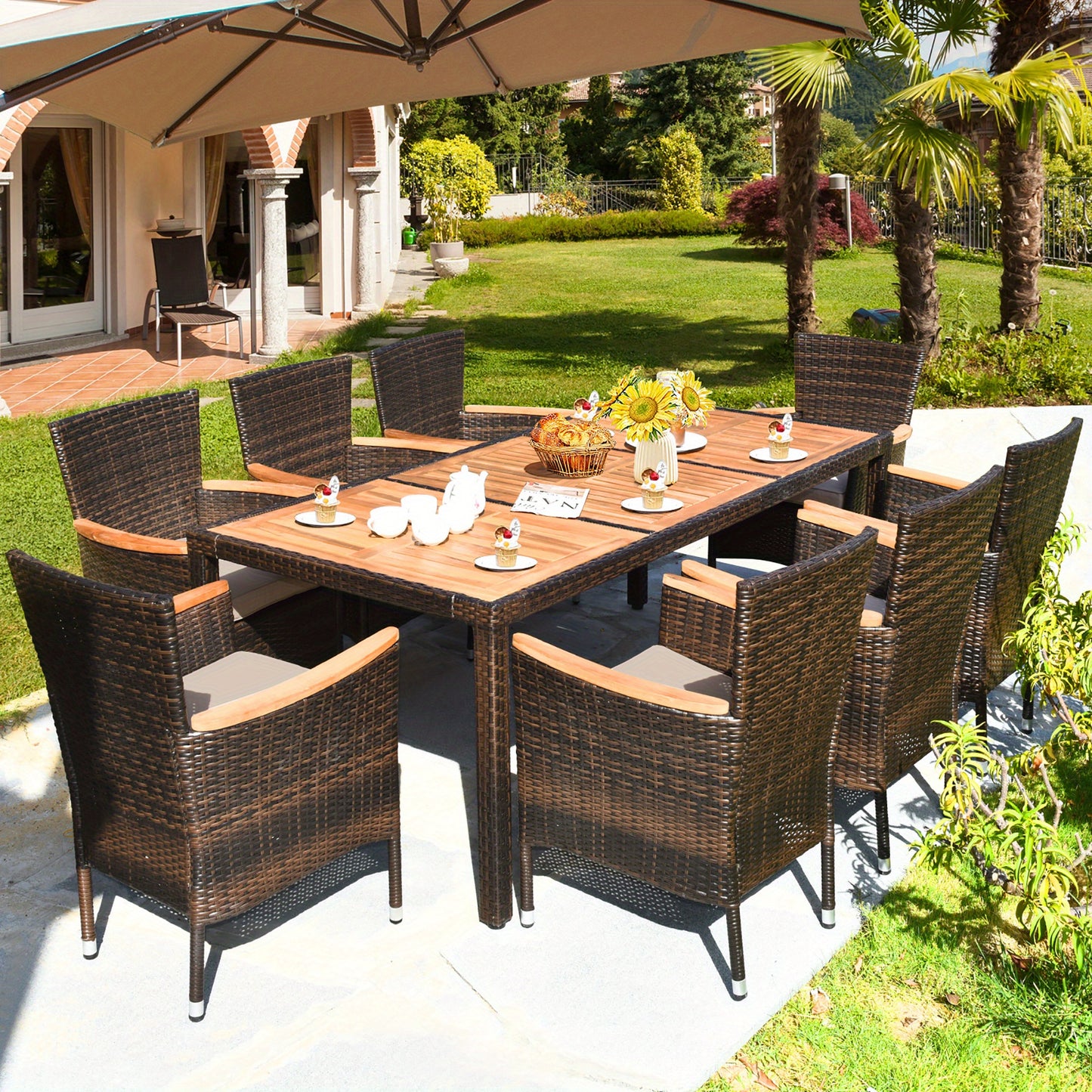 9PCS Patio Dining Set w/ 8 Stackable Chairs Wooden Tabletop