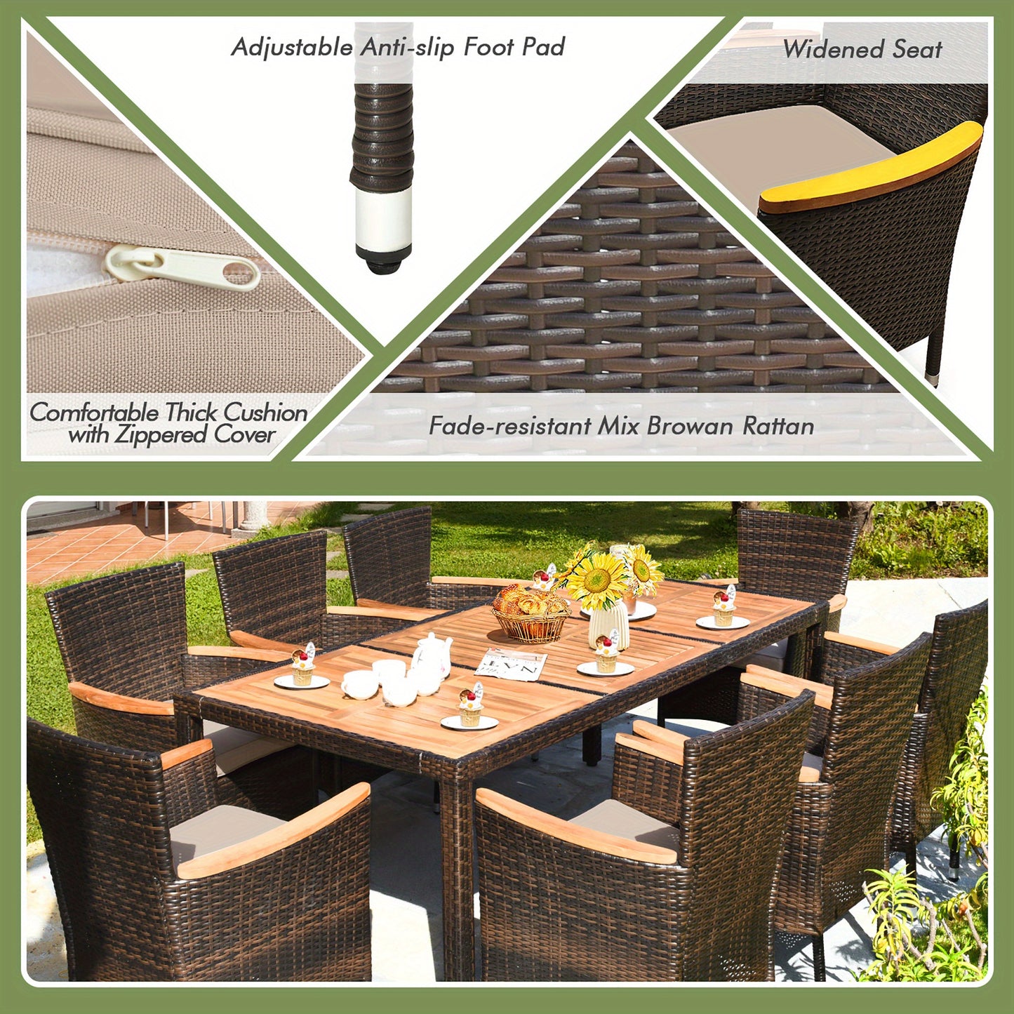 9PCS Patio Dining Set w/ 8 Stackable Chairs Wooden Tabletop
