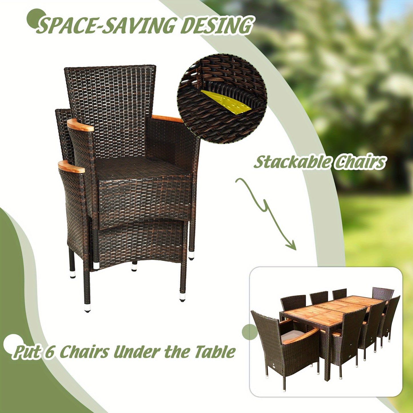 9PCS Patio Dining Set w/ 8 Stackable Chairs Wooden Tabletop