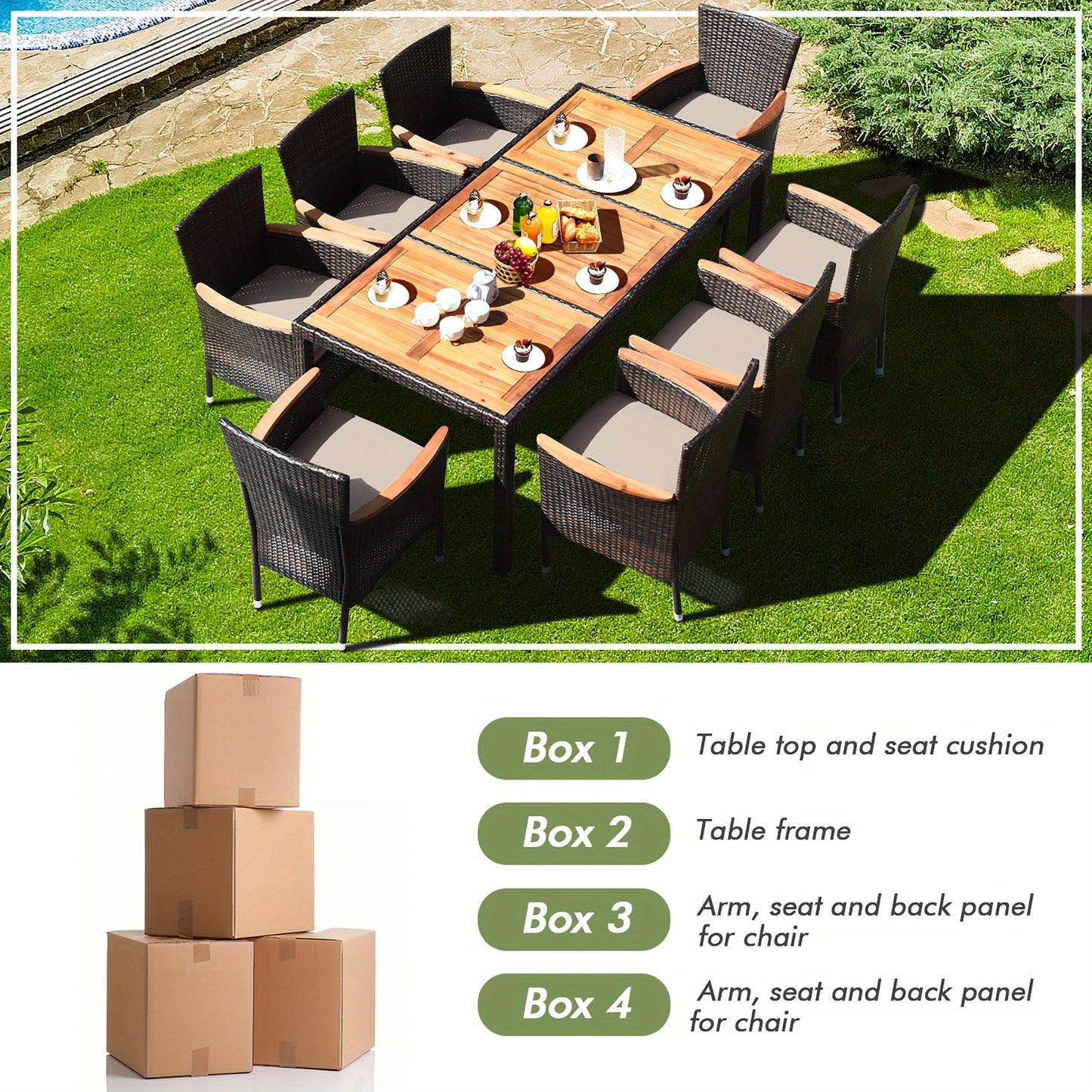9PCS Patio Dining Set w/ 8 Stackable Chairs Wooden Tabletop