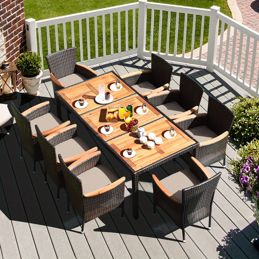 9PCS Patio Dining Set w/ 8 Stackable Chairs Wooden Tabletop