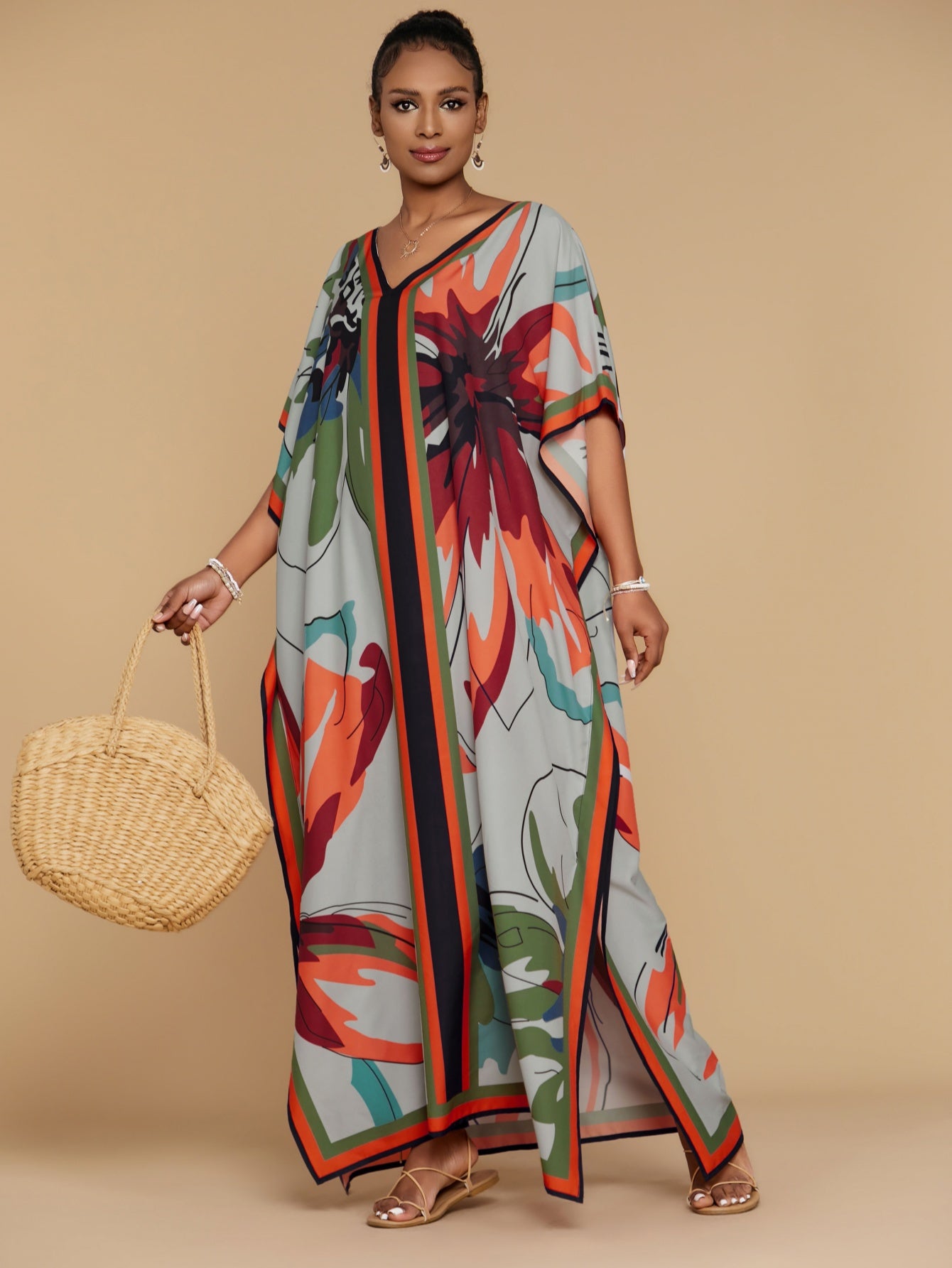 Women's Grey Butterfly Printed Kaftan Robe Beach Cover.