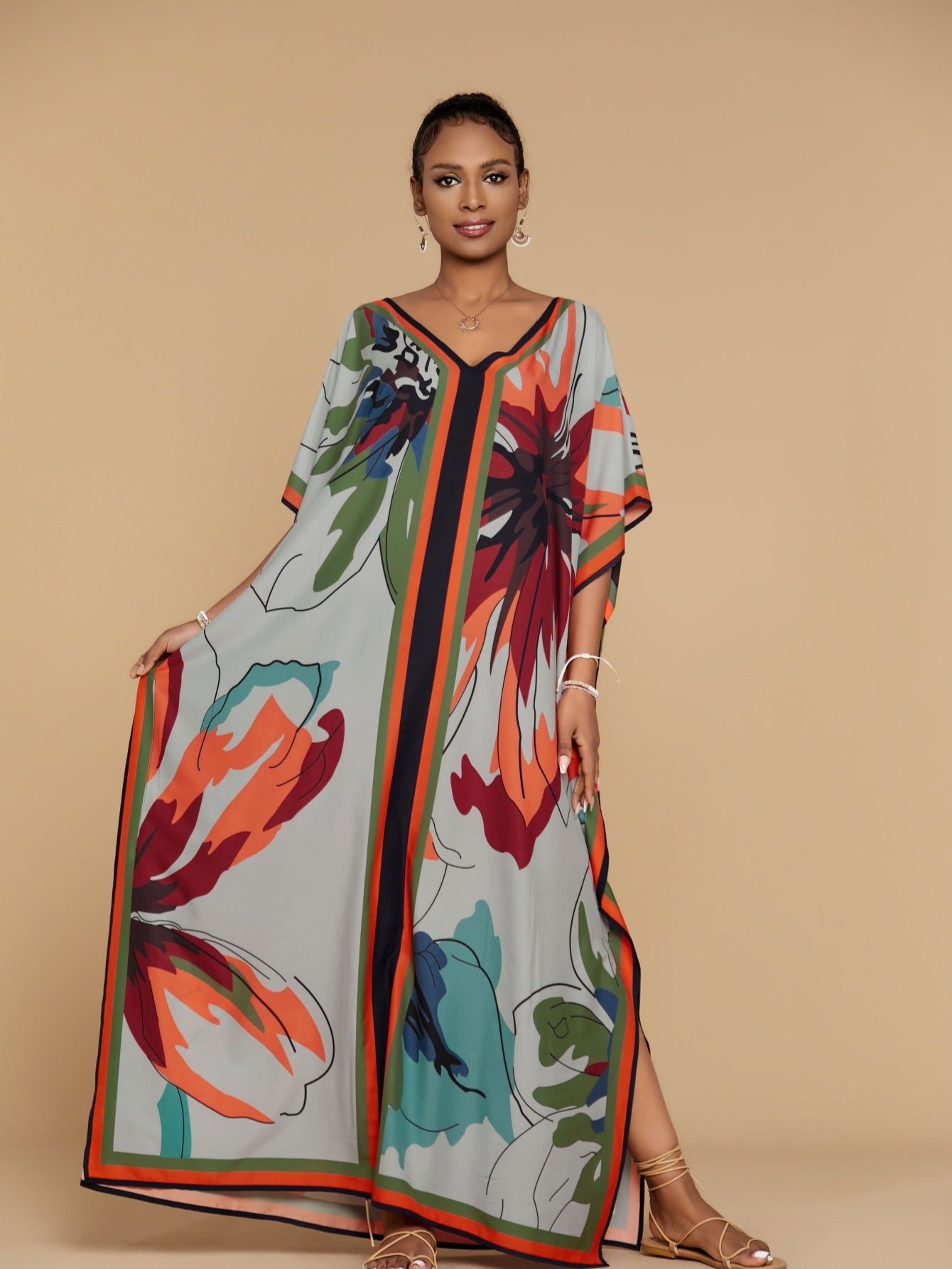 Women's Grey Butterfly Printed Kaftan Robe Beach Cover.