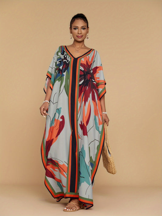 Women's Grey Butterfly Printed Kaftan Robe Beach Cover.