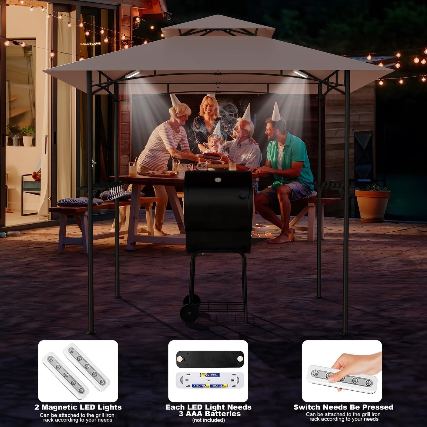 8x5FT Outdoor Patio Barbecue Gazebo Shelter with 2 LED Lights,